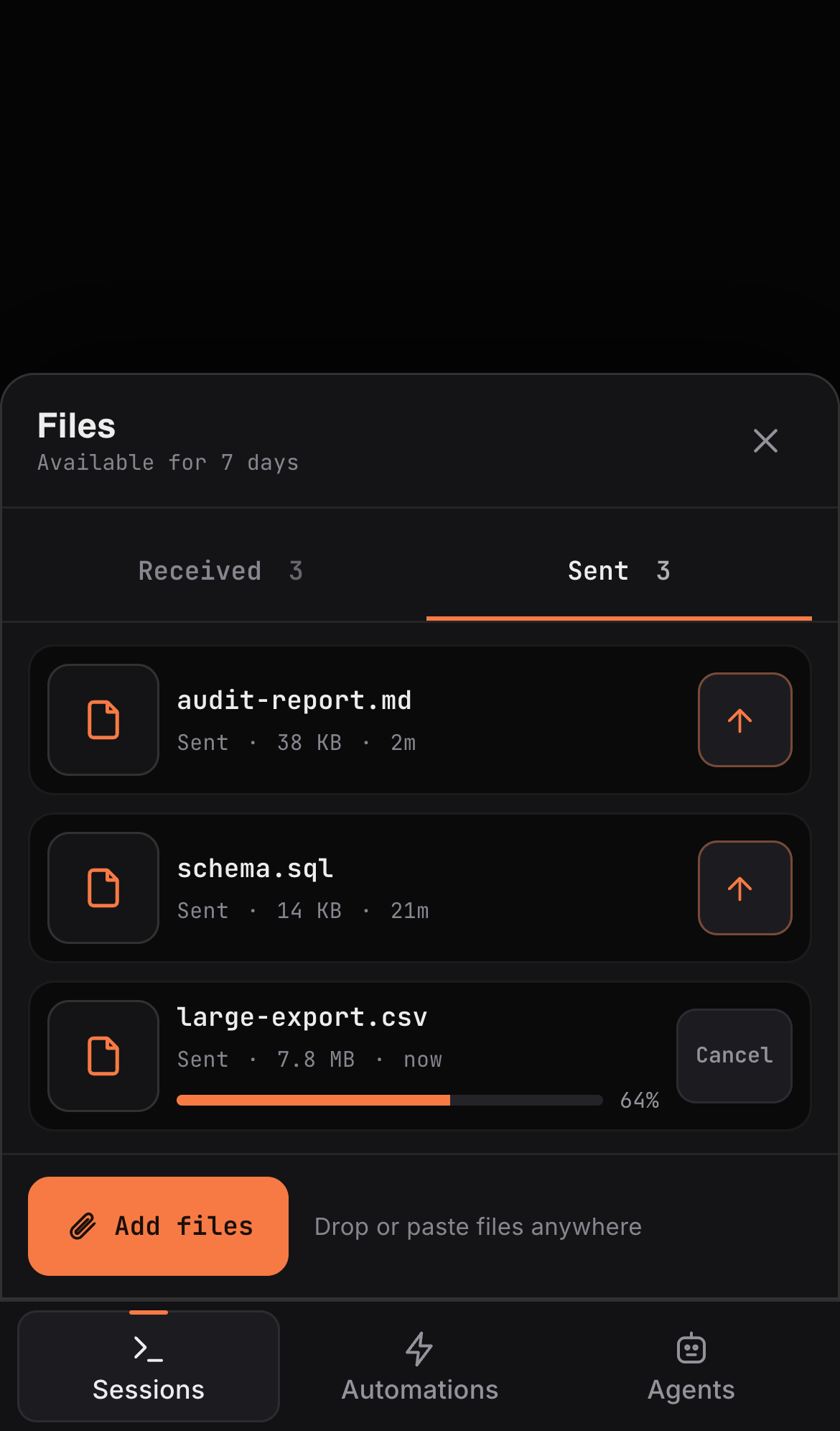 The Files panel — images and files exchanged with Claude, viewable full-size and downloadable