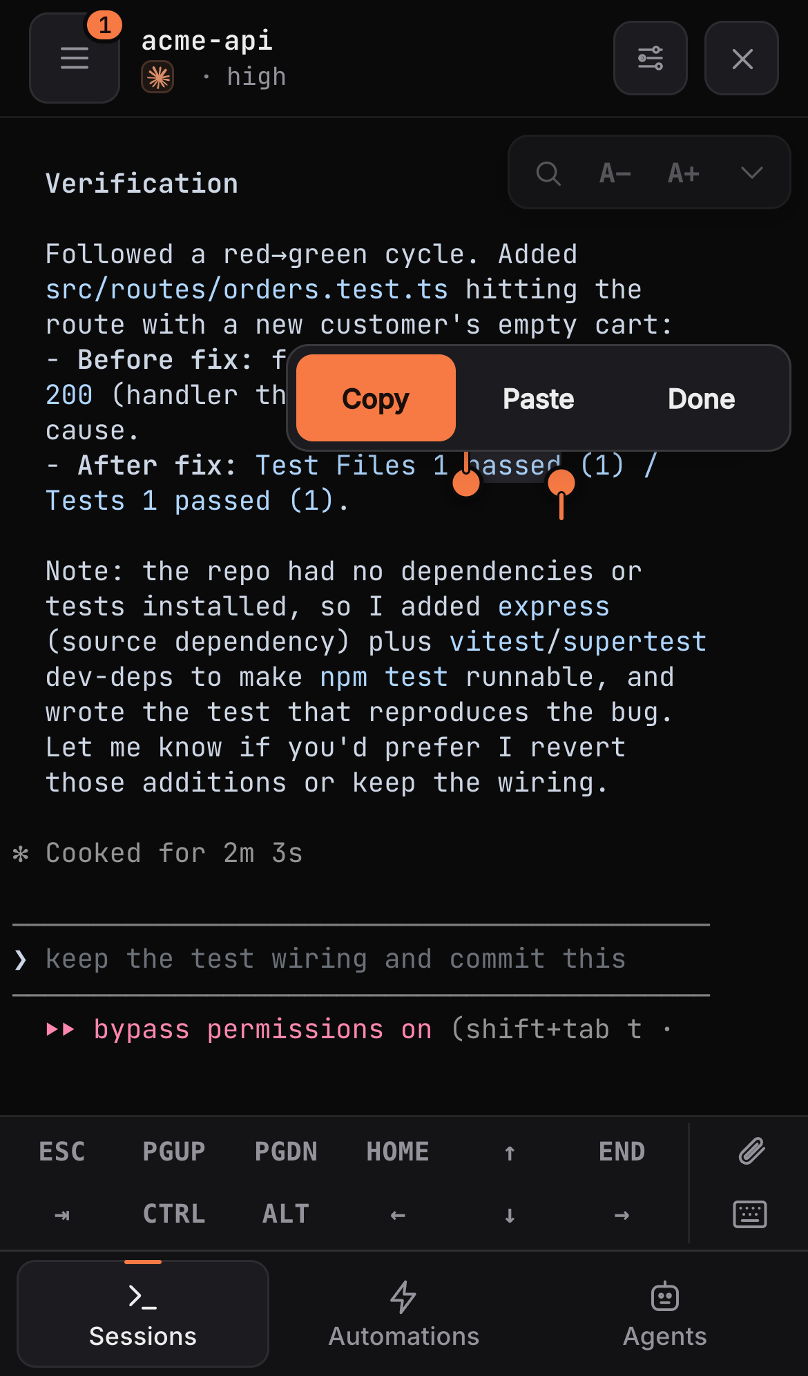 The mobile key bar with sticky Ctrl, plus the select-text overlay for copying