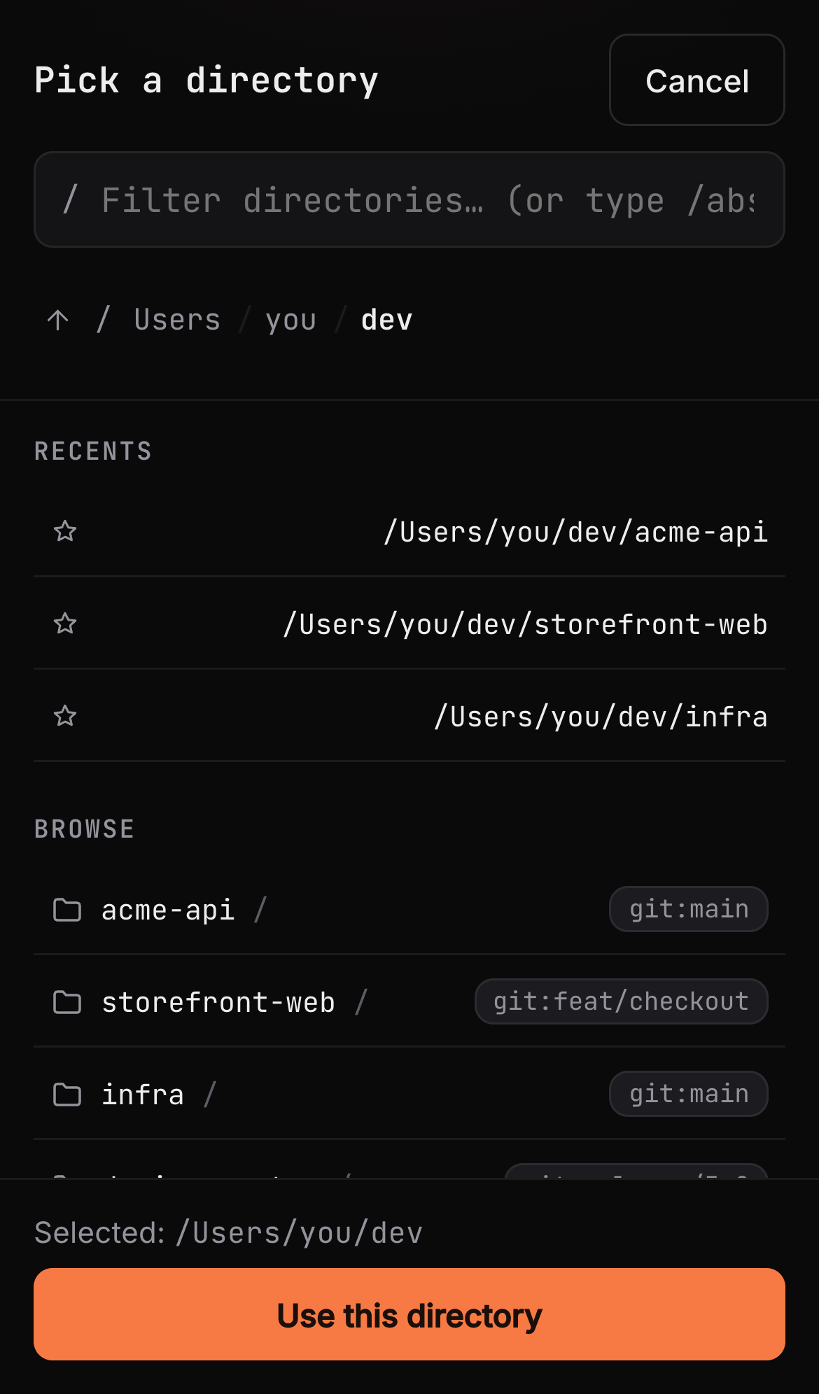 The git-aware directory picker for starting a brand-new session remotely