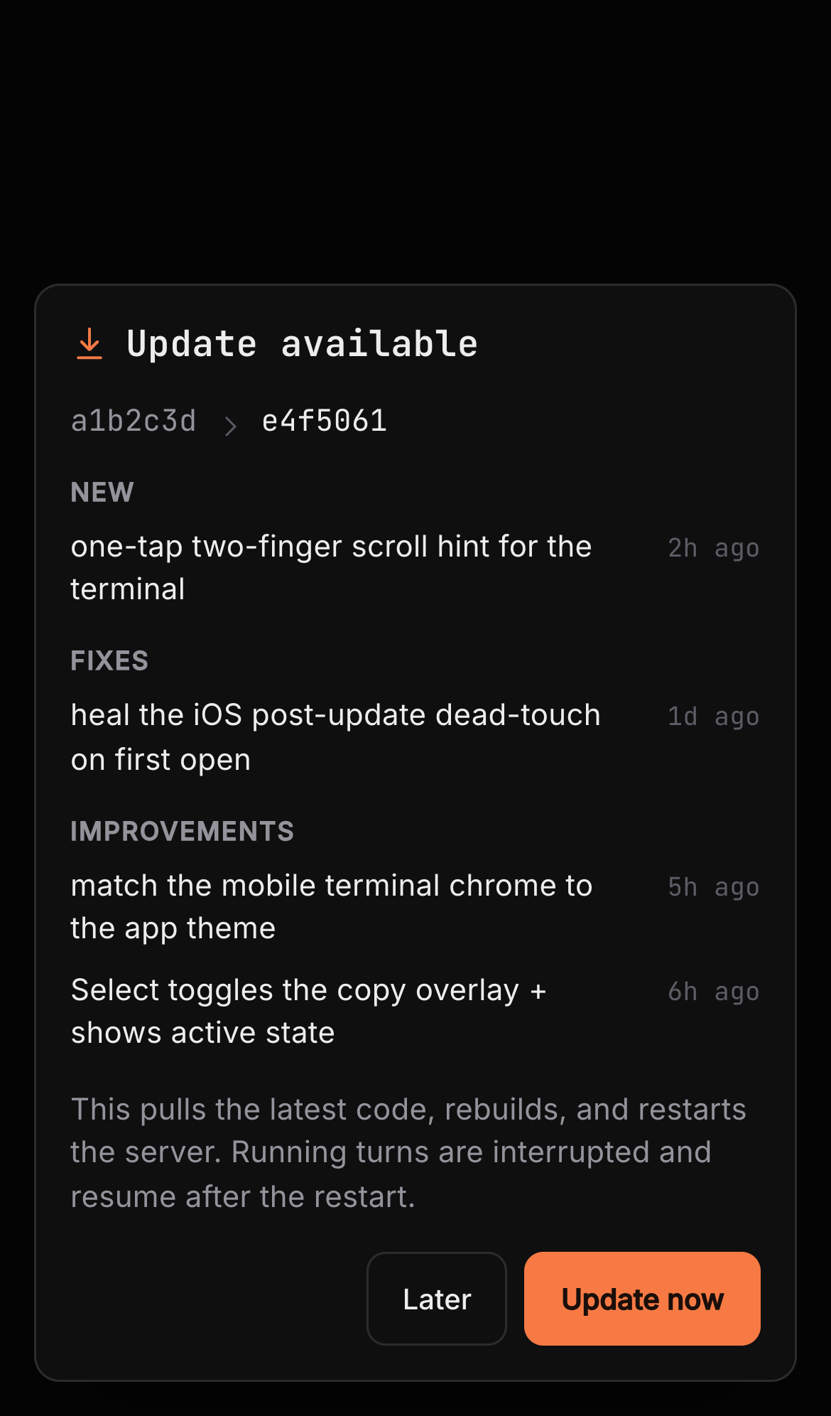 The in-app update banner and changelog panel with a one-tap Update now
