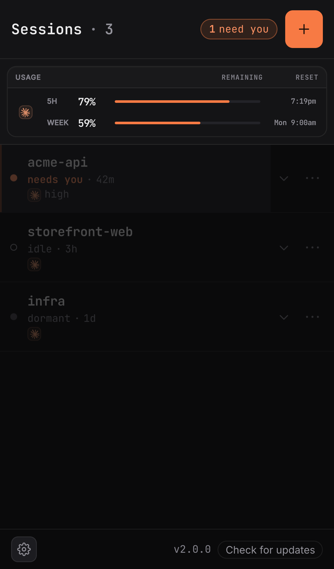 The sessions sheet — every session, which one needs you, and your subscription usage