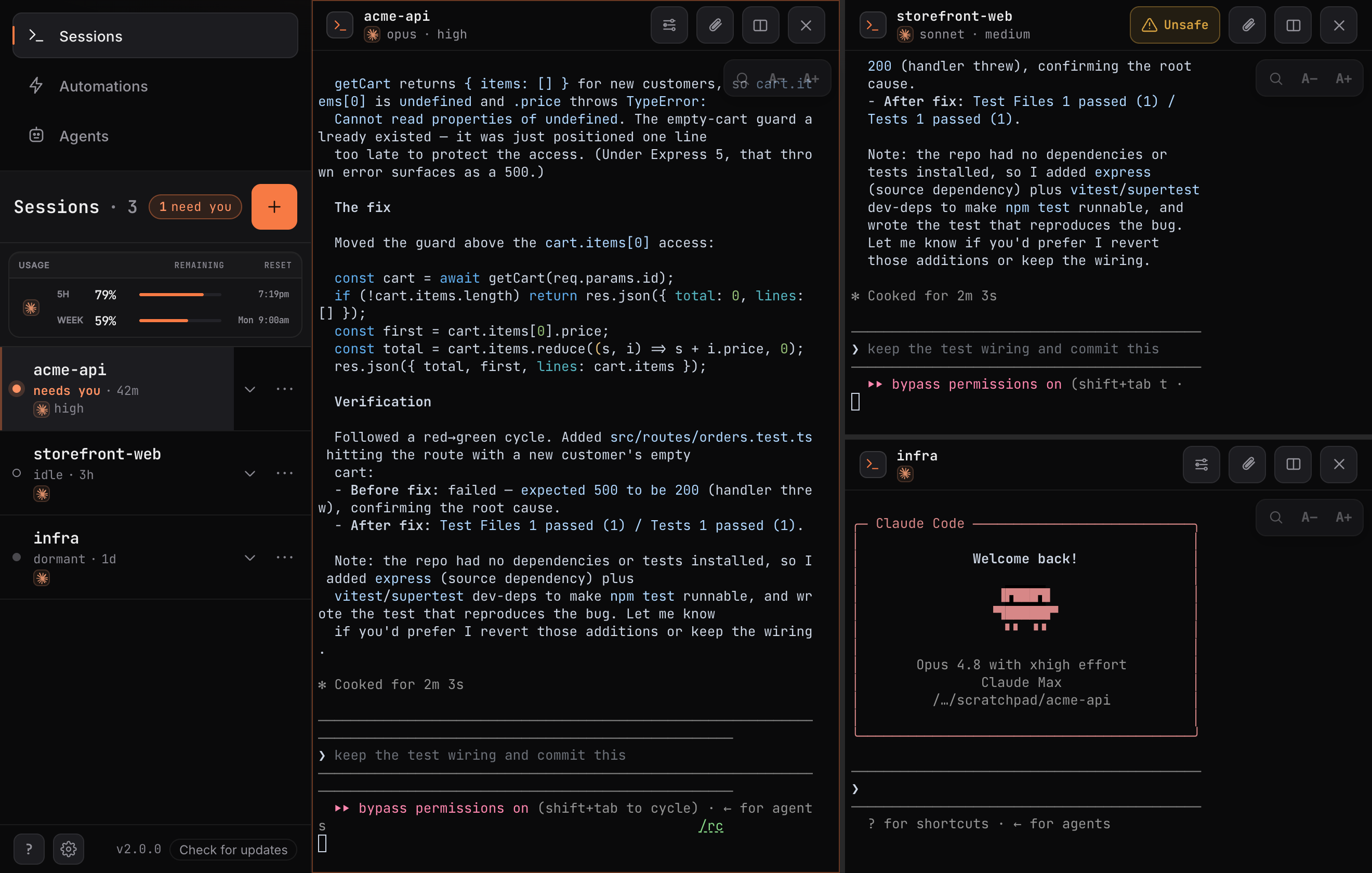 Desktop split screen — three live claude sessions side by side in resizable, draggable panes, iTerm2-style