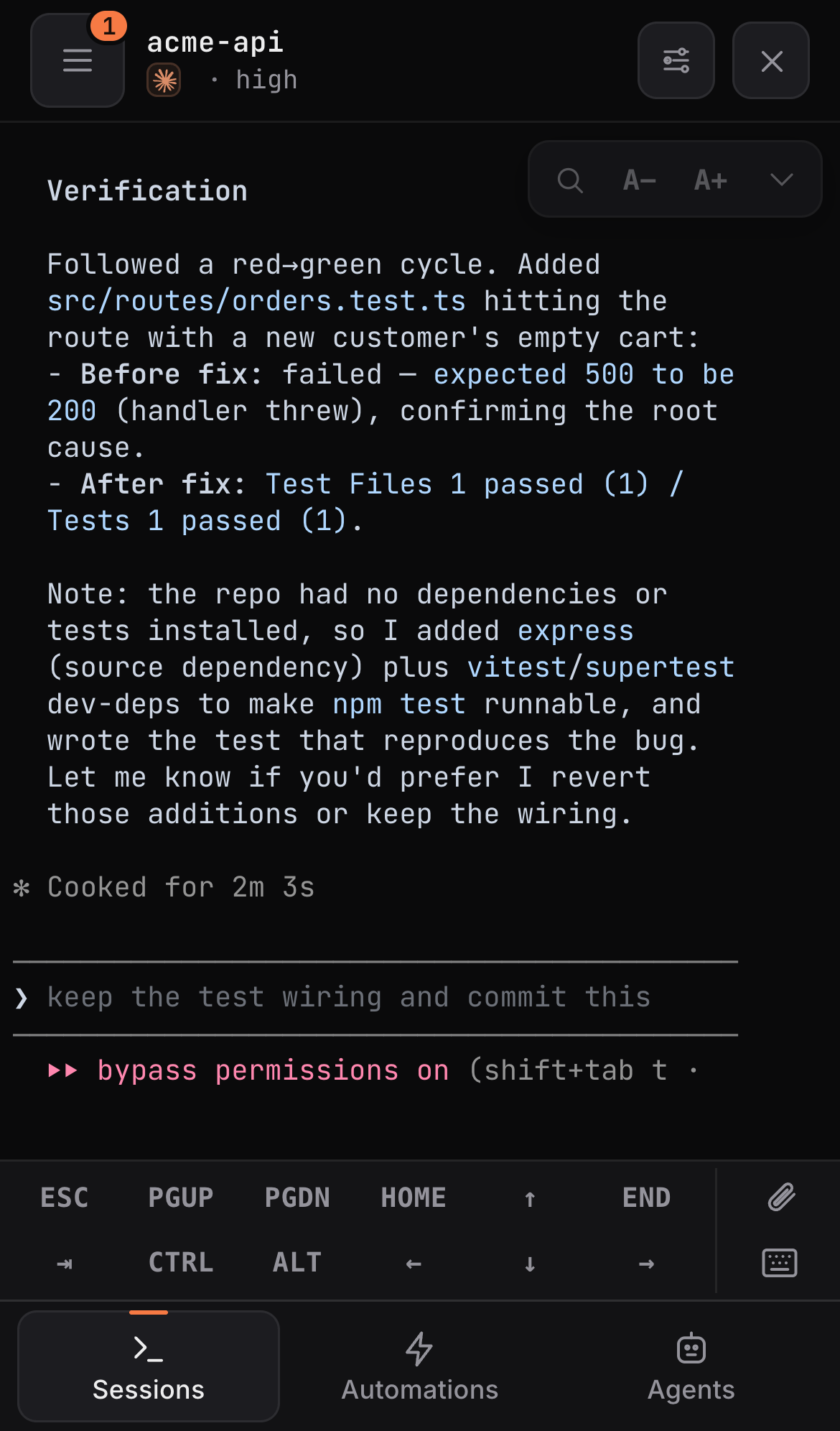 RoamCode on a phone — the real claude TUI streaming in a terminal, with the mobile key bar pinned below