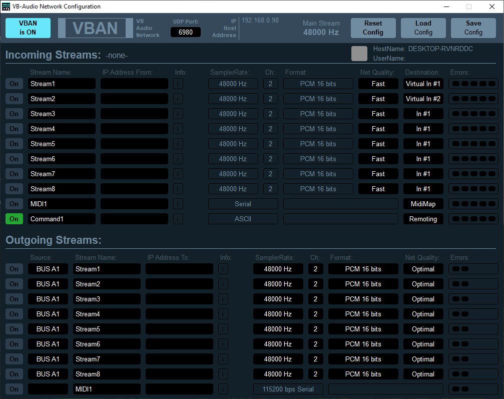 VBAN Screen Configuration