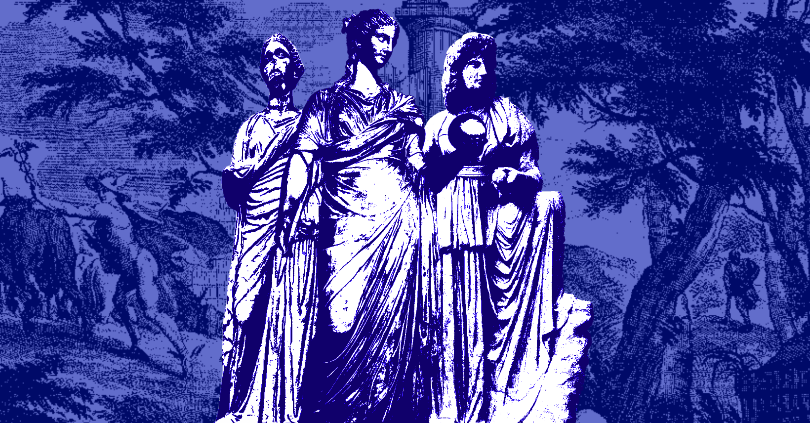 Three classical robed figures rendered as a blue two-tone engraving against an etched pastoral background