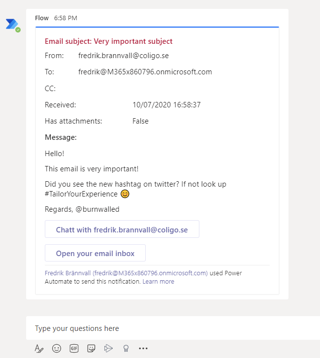 Important emails posted as adaptive card by Flow bot as Teams message