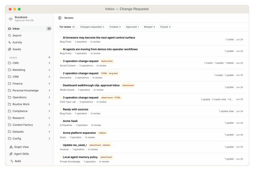 Busabase — review AI-proposed changes before they become trusted data