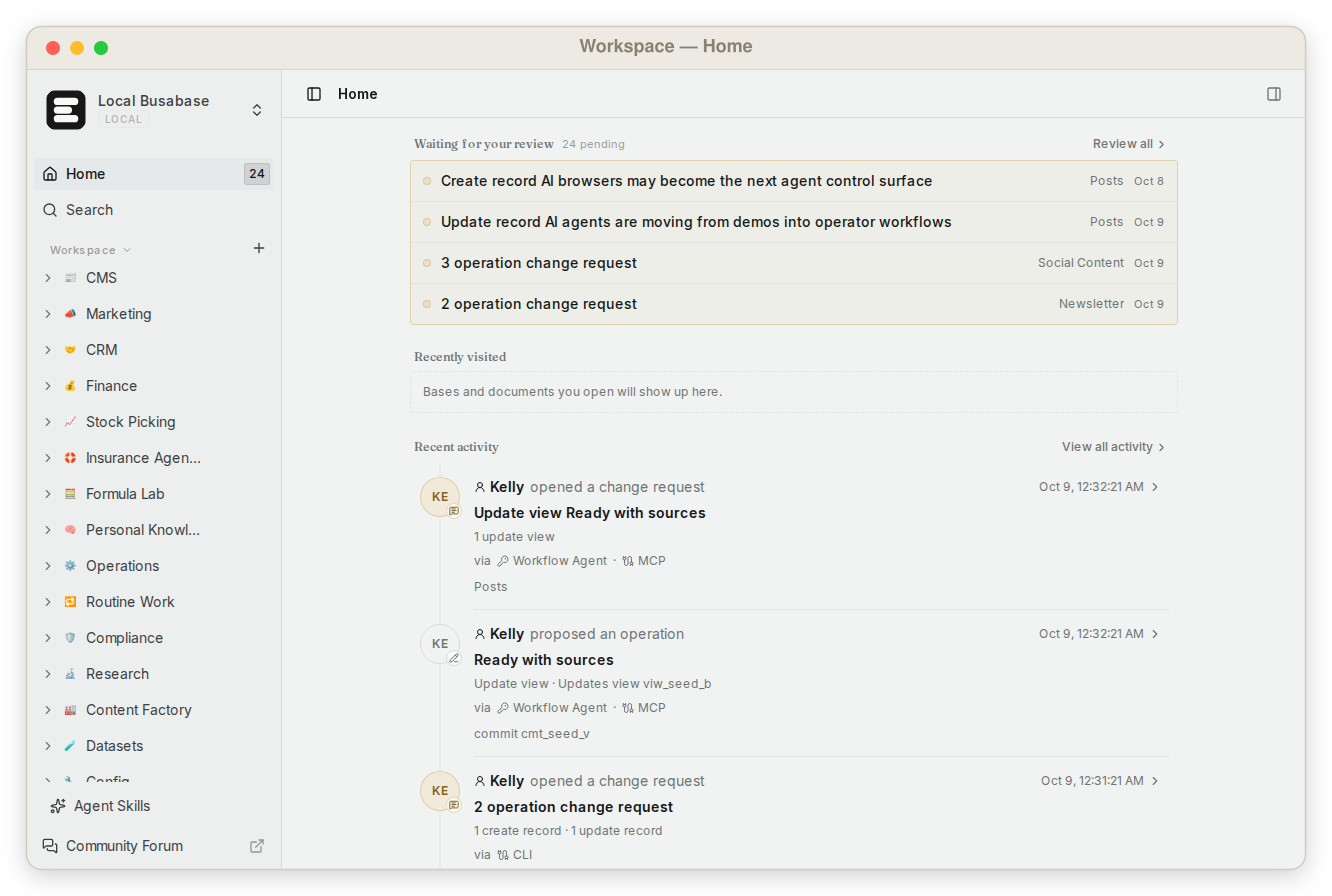 Busabase workspace home with review queue, recently visited knowledge, and agent activity