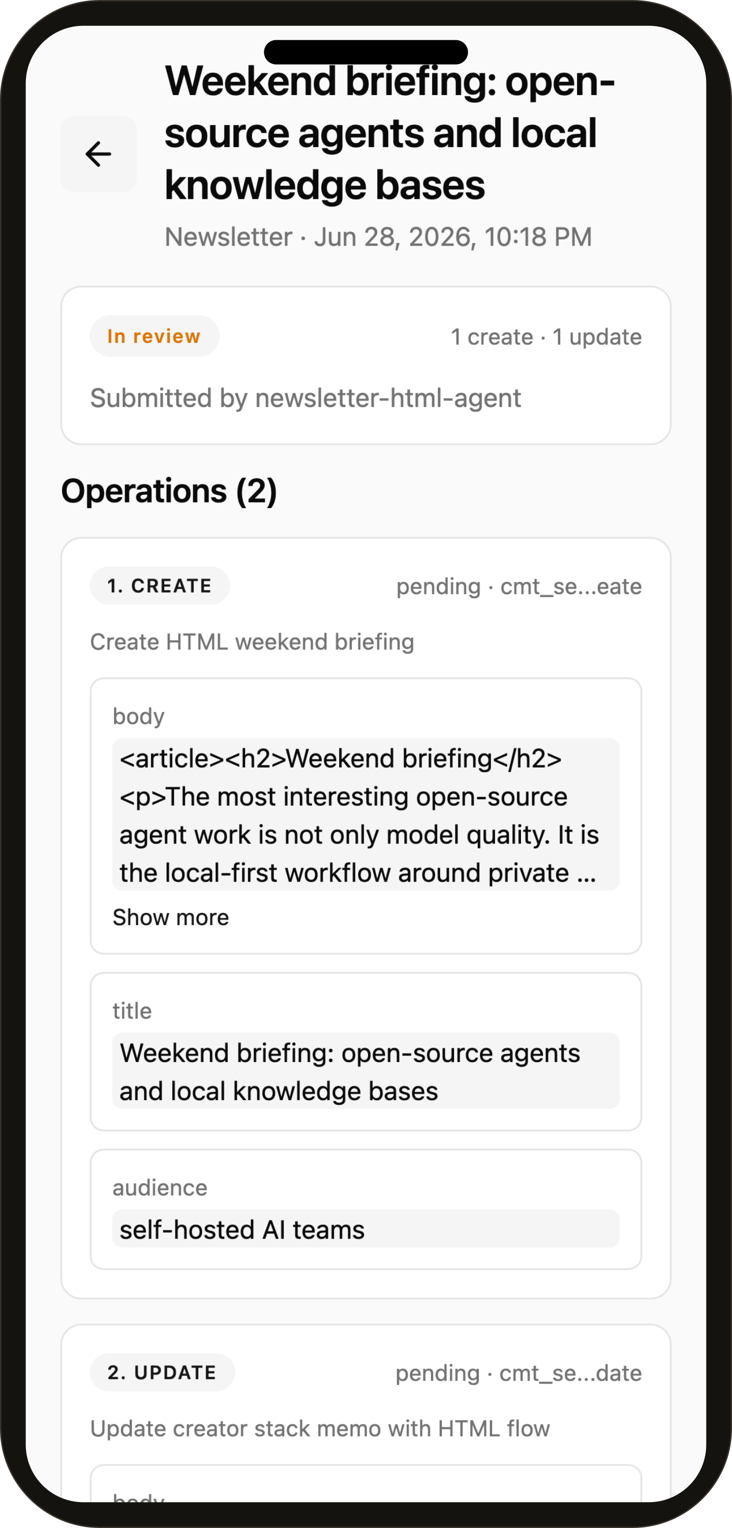 Mobile Change Request — agent-proposed operations and fields under review