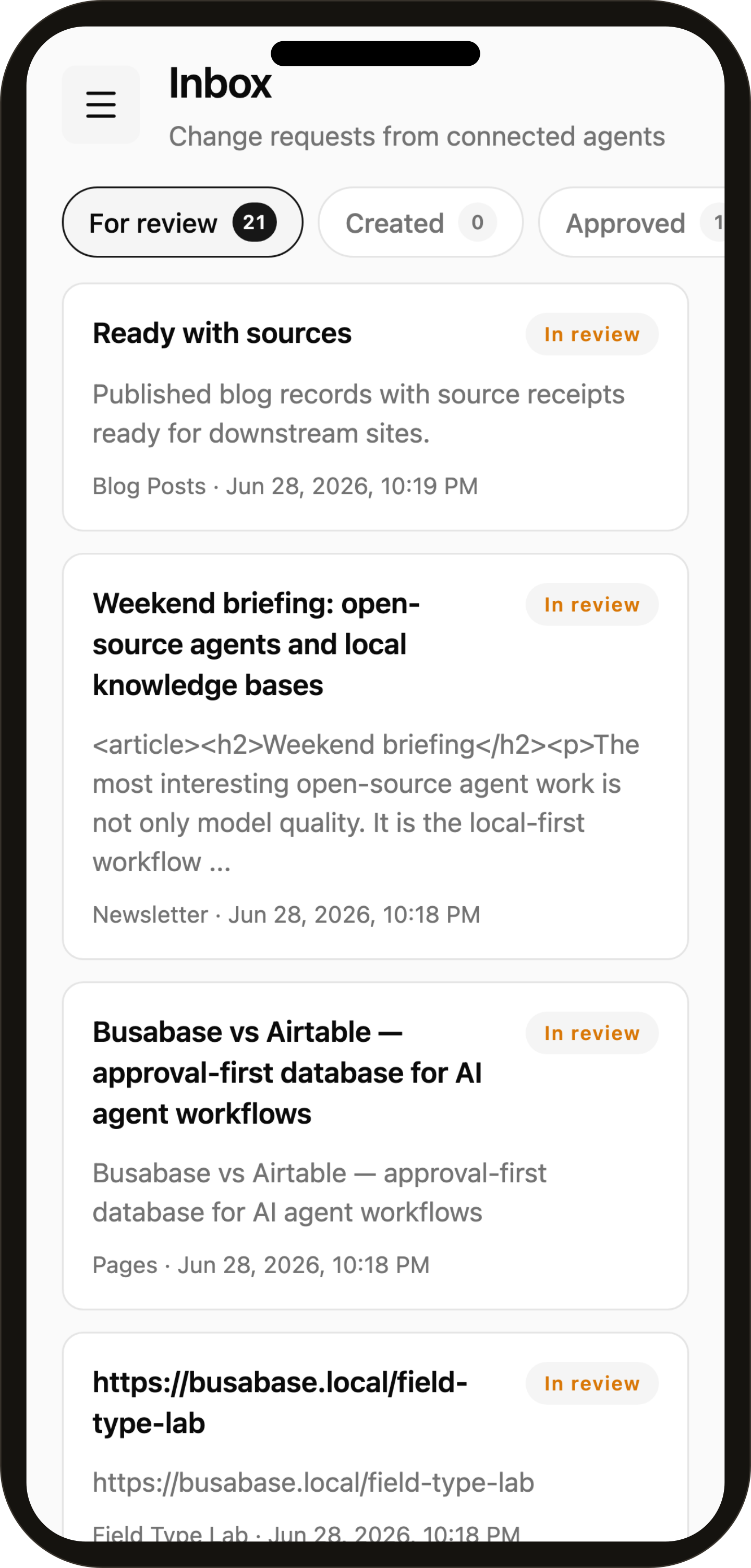 Mobile inbox — pending Change Requests from agents