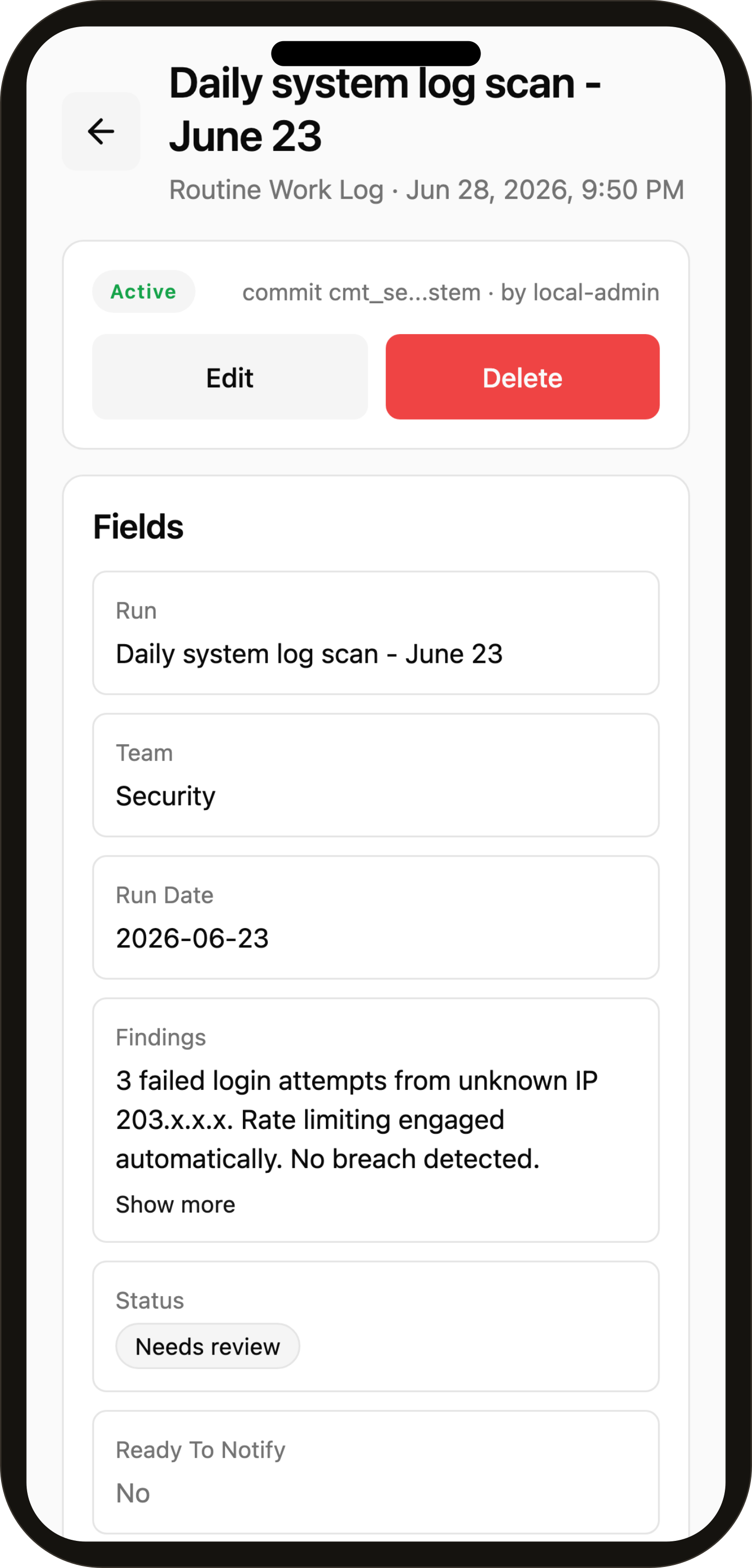 Mobile record detail — trusted fields after approval