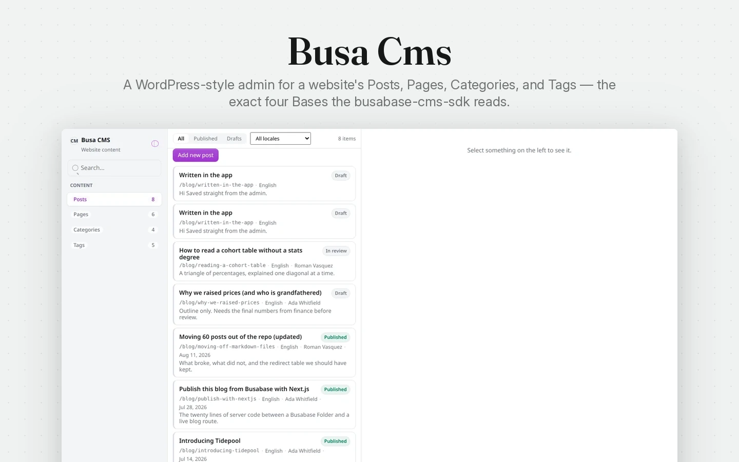 Busa CMS pré-visualização do modelo de espaço de trabalho