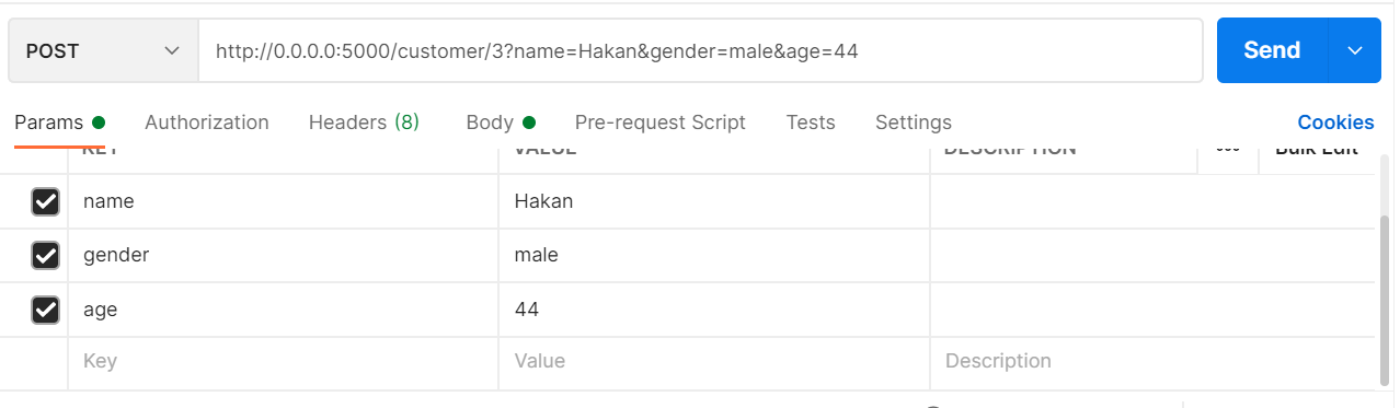 Tüm blokları dolu olan bir POST request örneği