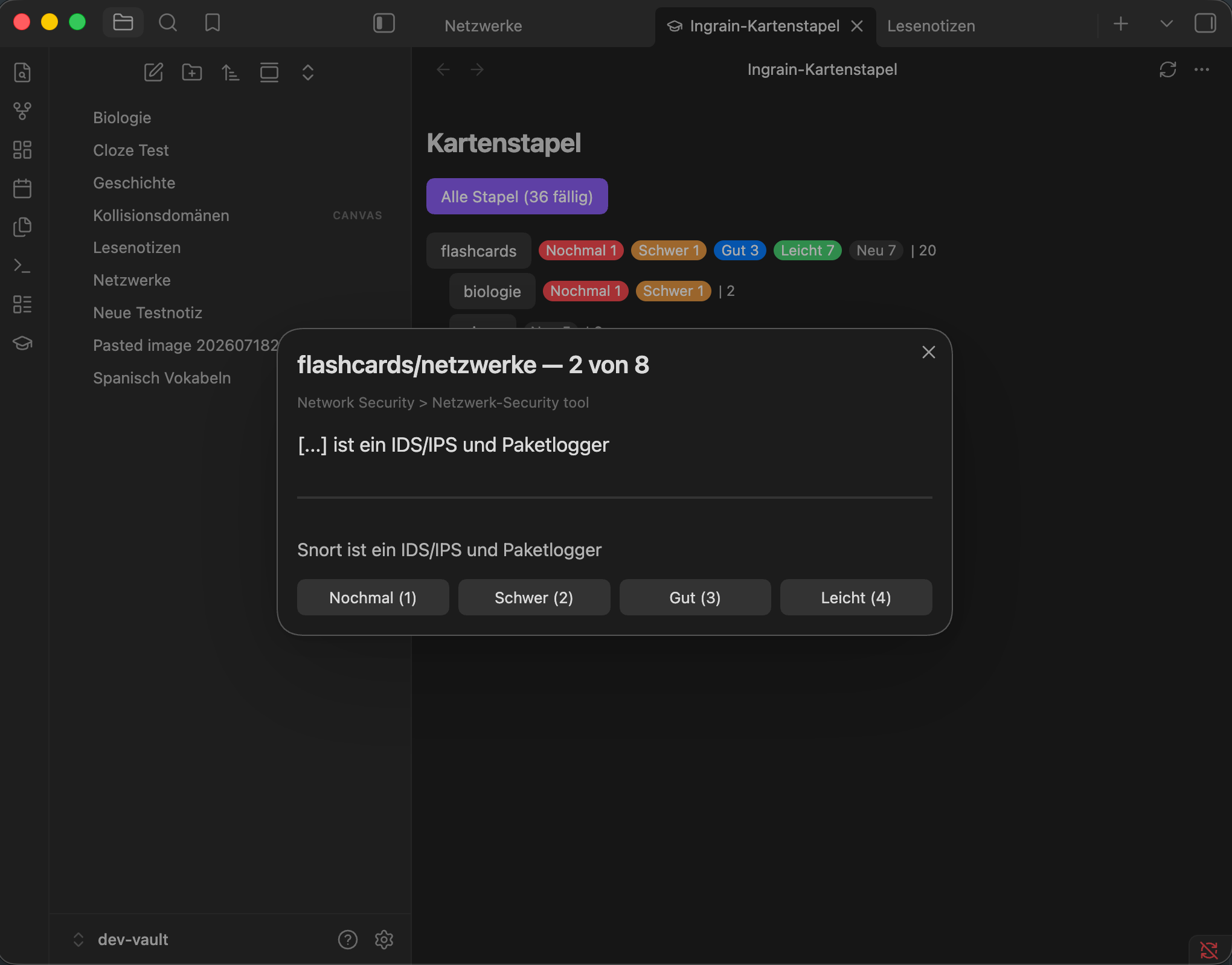 The review modal, showing a card front, revealed answer, and rating buttons