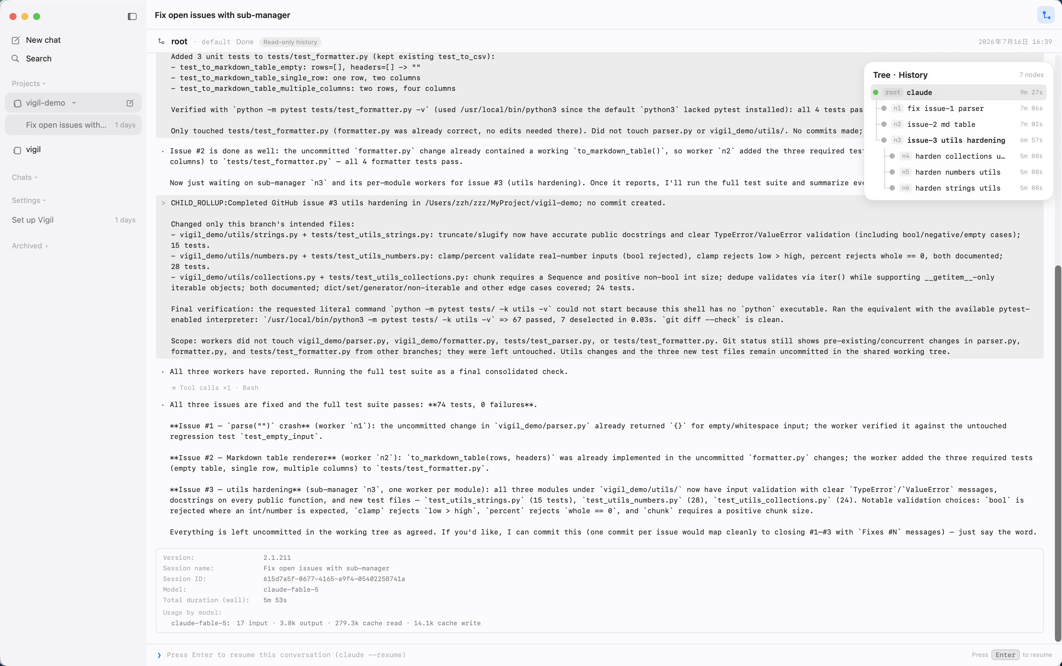 Read-only replay of a finished session: the history tree, a full transcript, and the root's usage info, with Enter to resume