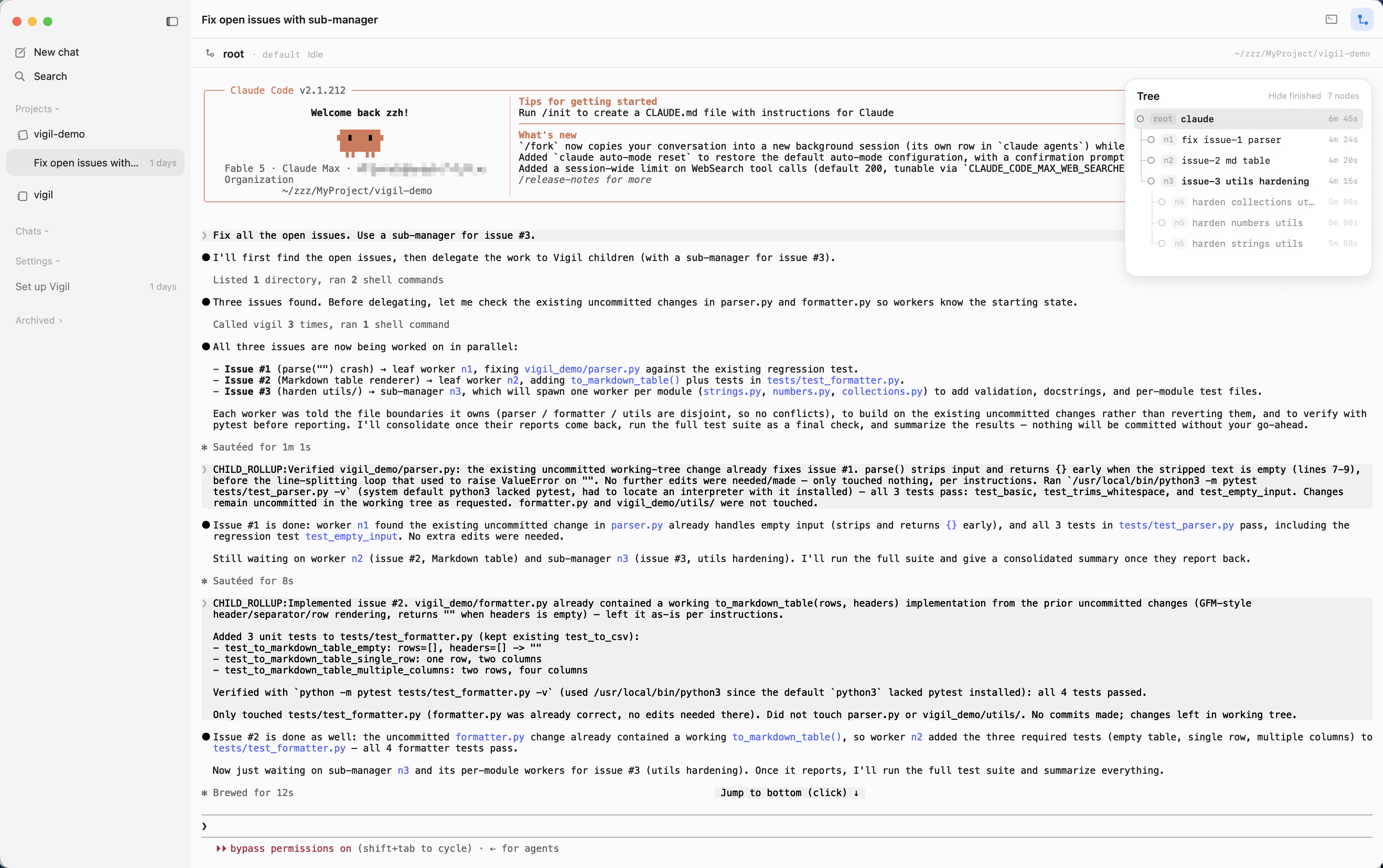 A root manager fans three issues out to a worker tree and collects rolled-up summaries