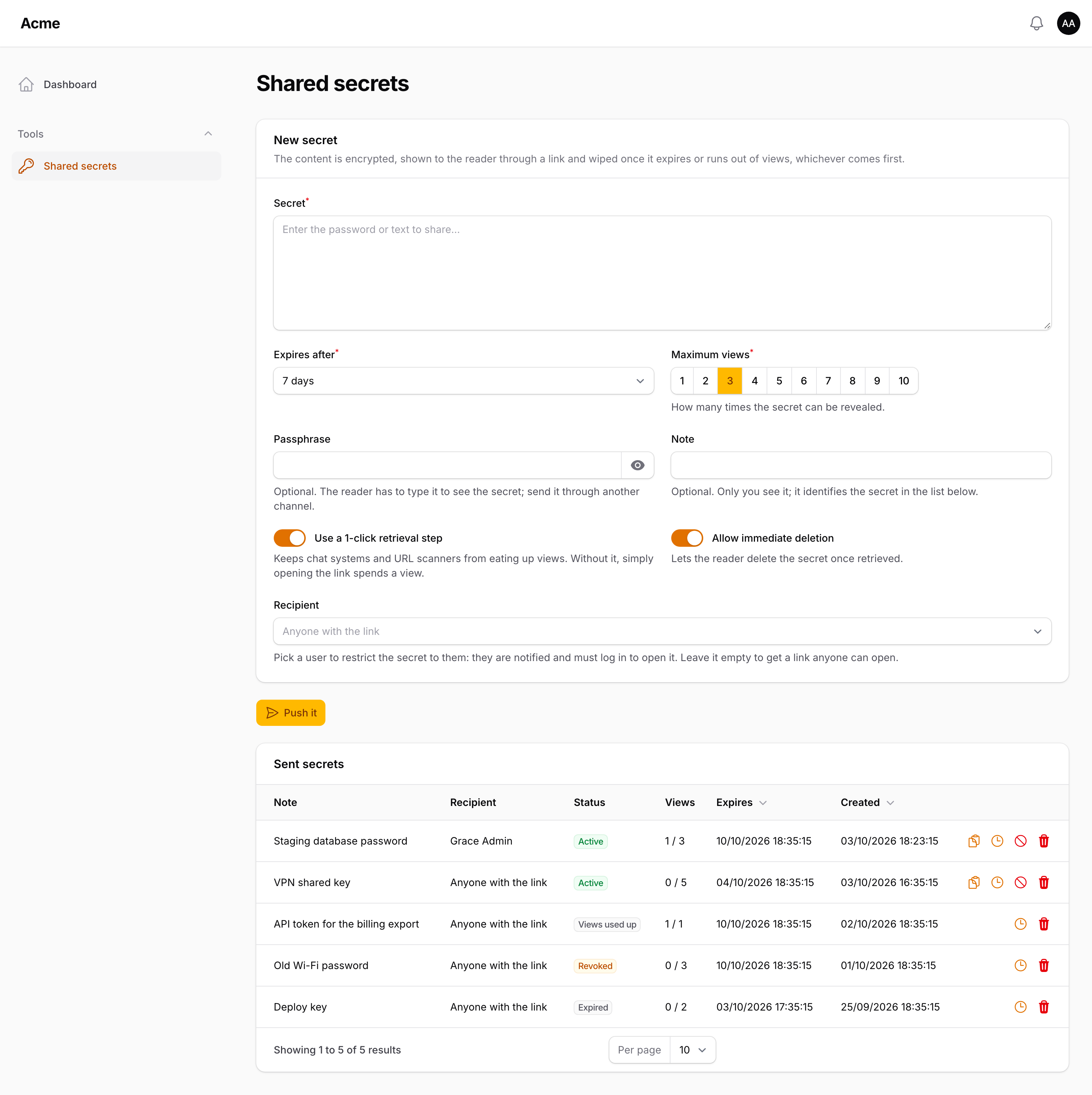 The shared secrets page: a form to push a secret and the list of the secrets you sent