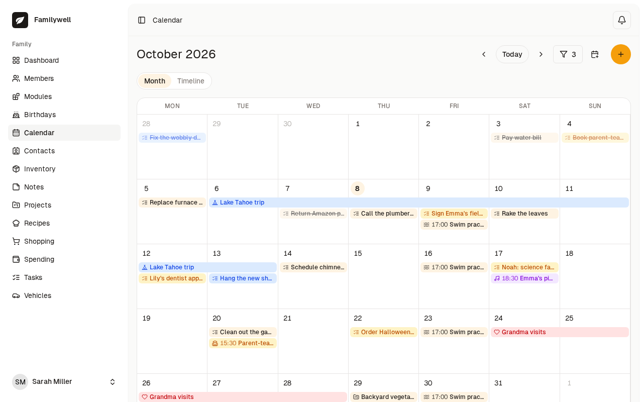 Family calendar, month view, with a trip, recurring swim practice and to-do due dates