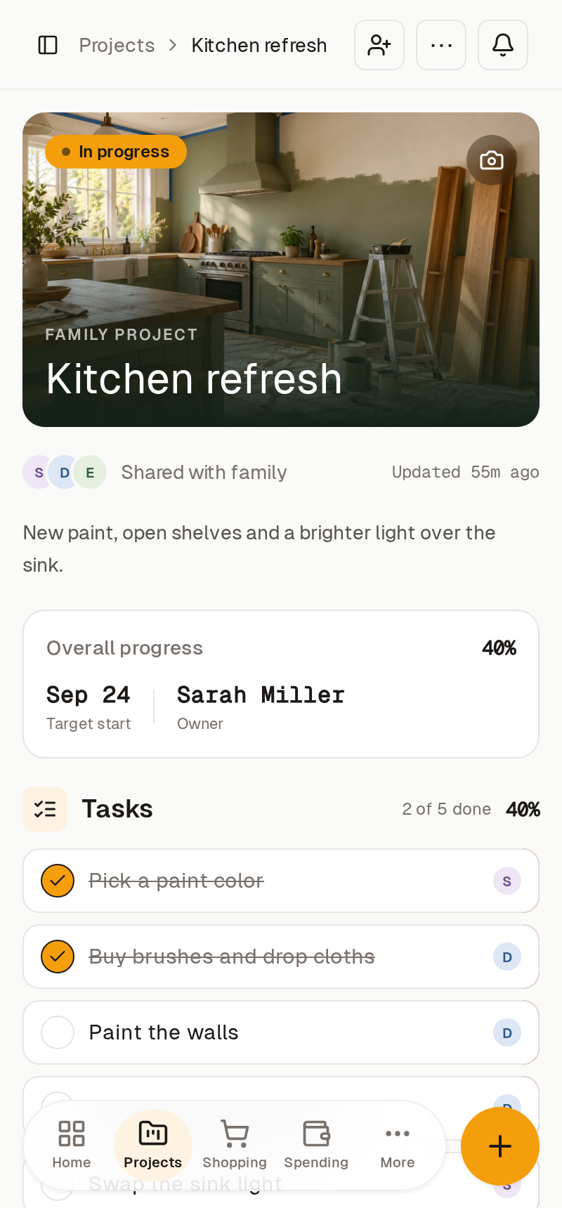 A family project with progress and tasks