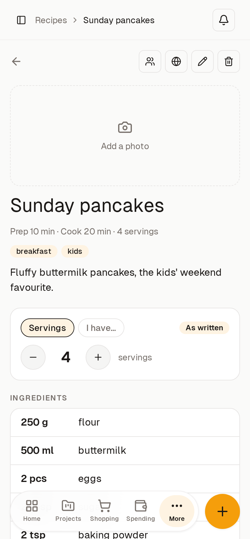A recipe with a servings calculator