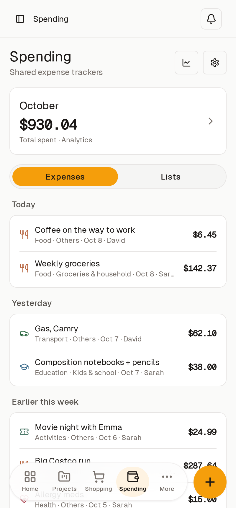 Spending: this month's total and the latest expenses