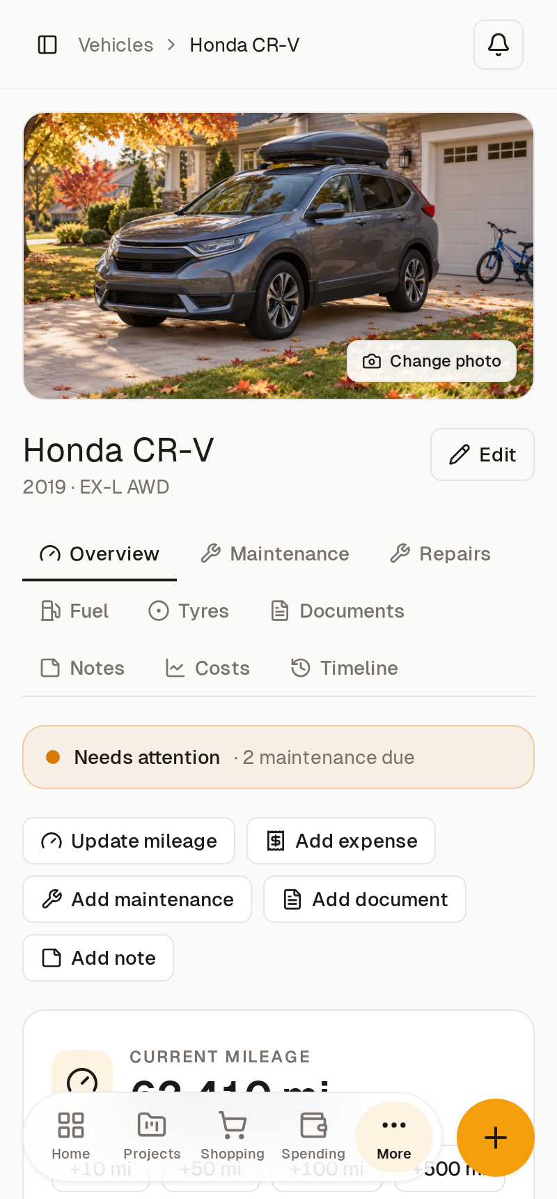 A family car with maintenance due, mileage, fuel, tyres and documents