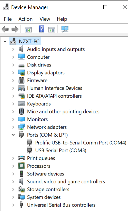 "Windows device manager showing port names"