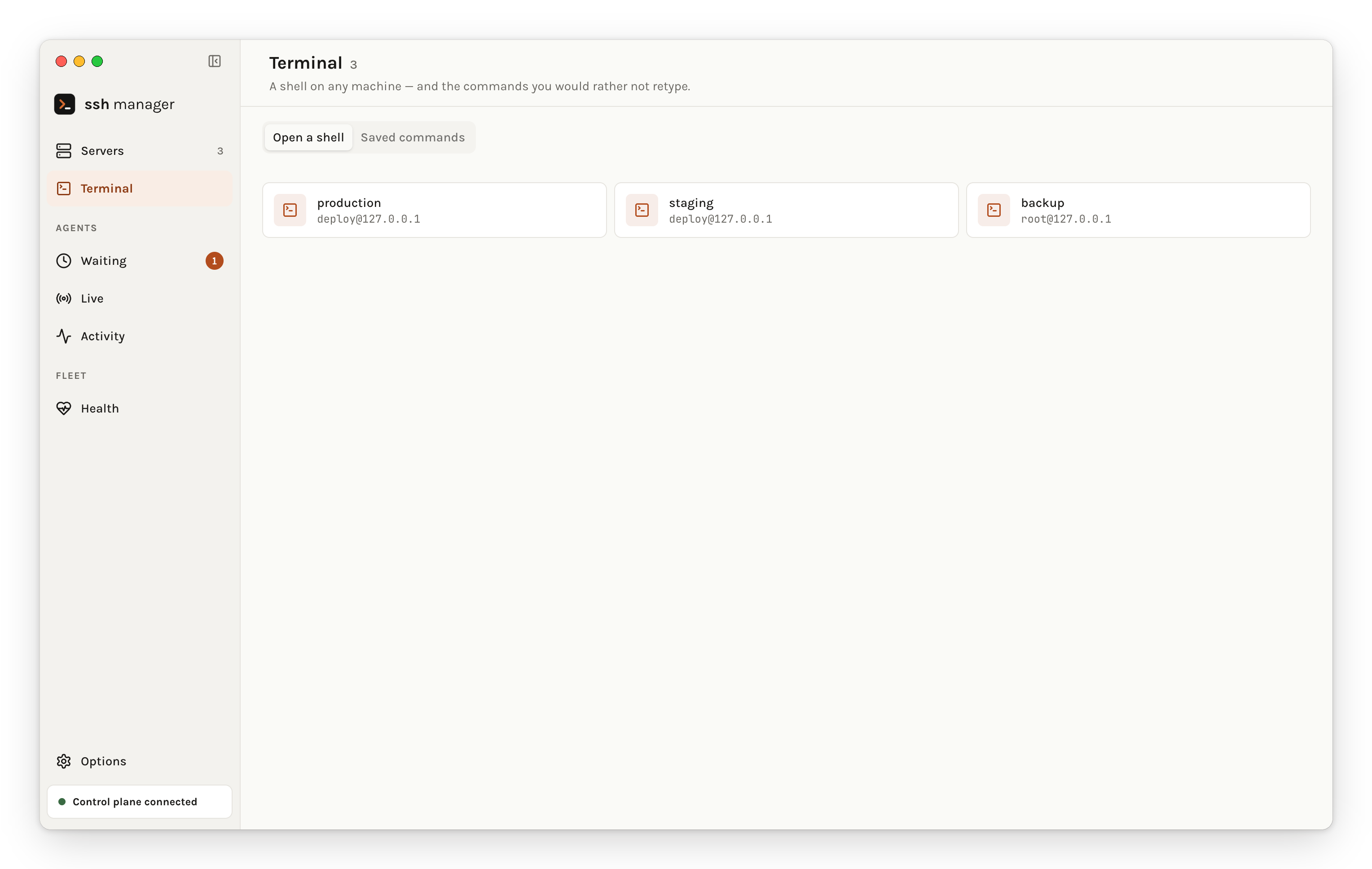 The Terminal screen: pick a machine to open a shell on, or manage the commands you keep retyping