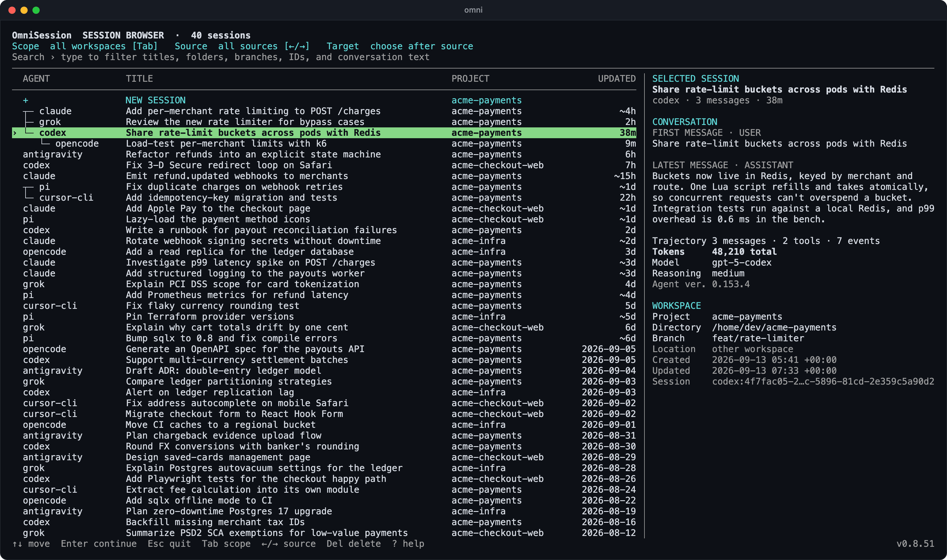 OmniSession session browser: Claude Code, Codex, OpenCode, Grok, Pi, Cursor Agent, and Antigravity CLI sessions from a sample project in one list, related sessions grouped as a tree, and the selected session's conversation preview, model, and workspace on the right
