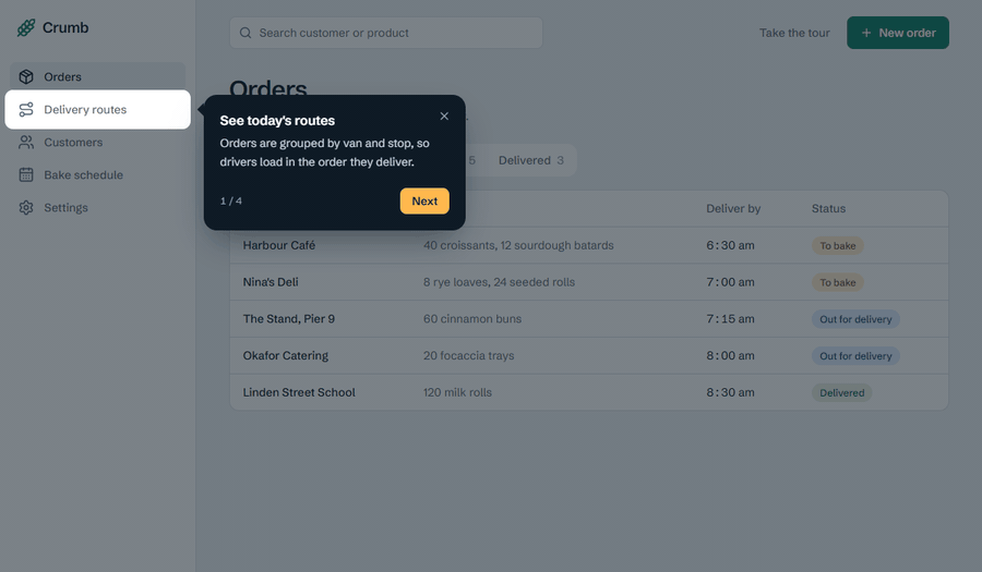 A four-step product tour on a bakery order dashboard: the spotlight glides from the sidebar to the search box, the status tabs and the New order button while a dark card explains each one.