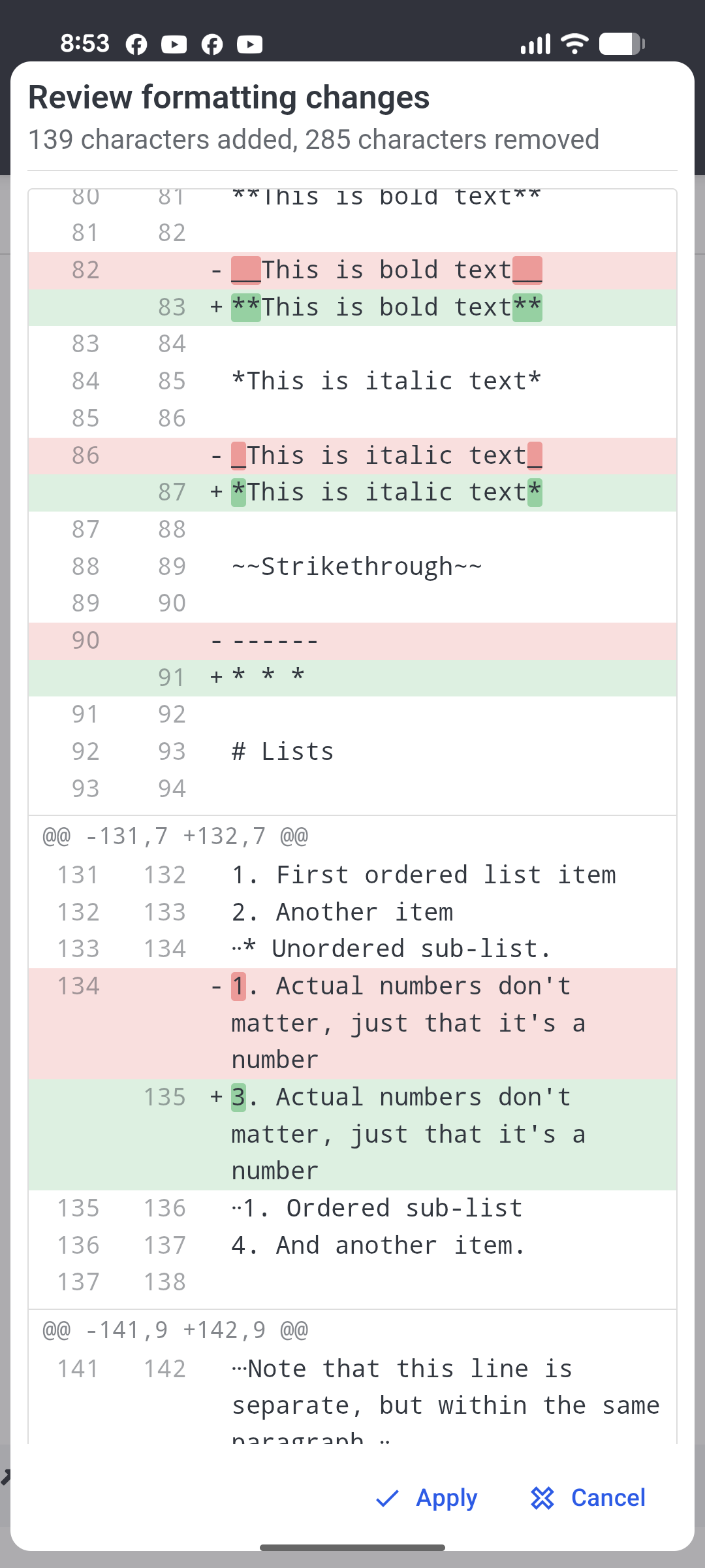 formatting diff preview mobile