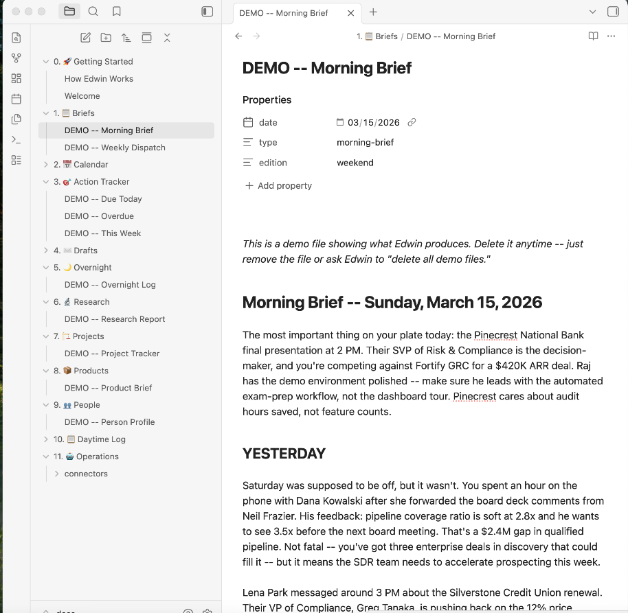 Briefing Book in Obsidian showing morning brief and folder structure