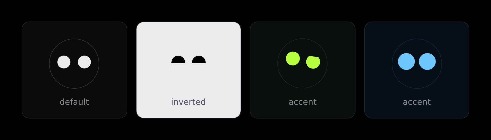 The same face in four colour schemes: default white on black, inverted black on white, acid green, and sky blue
