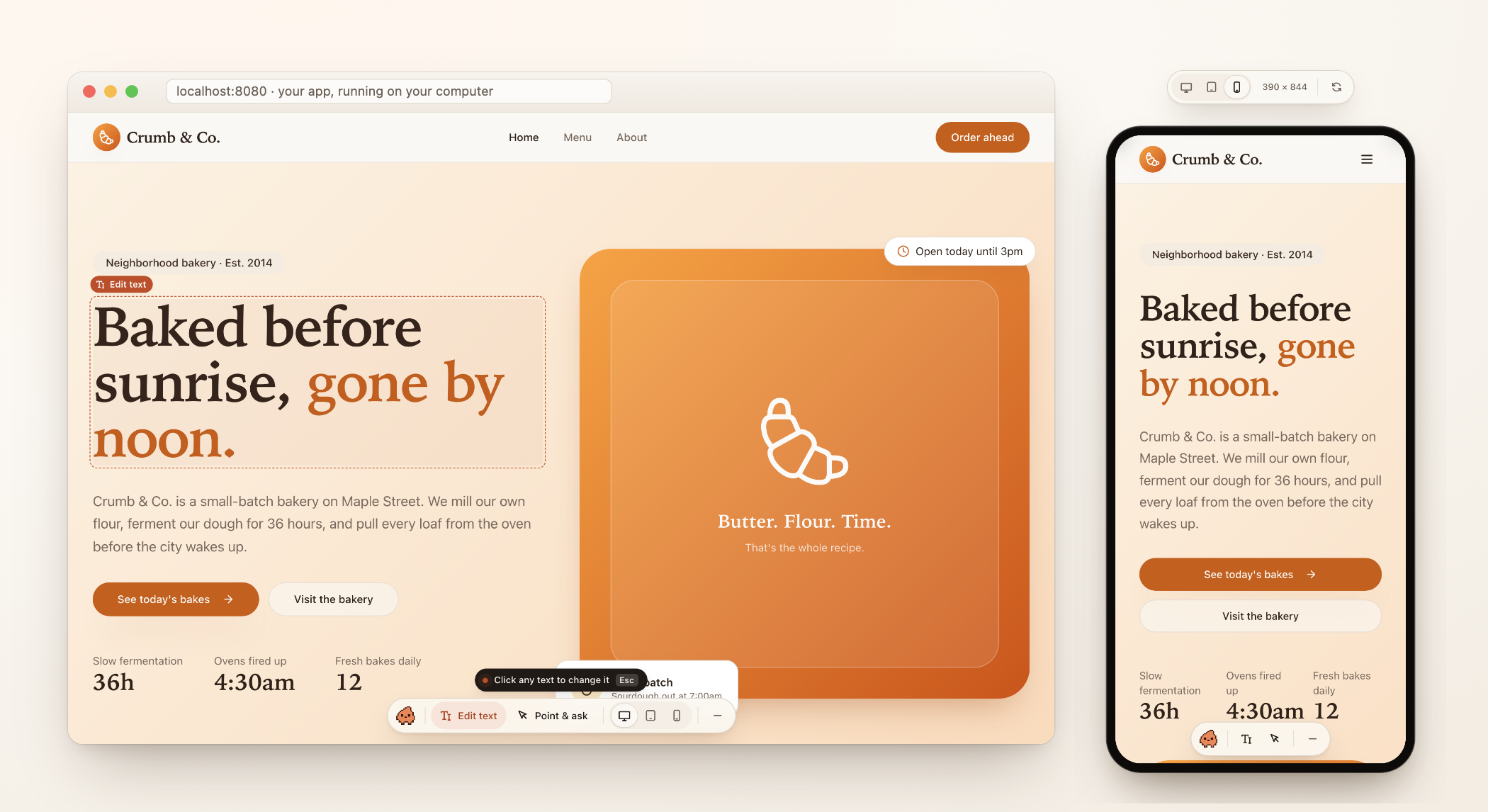 A bakery website running locally with Clodable's preview toolbar: the headline is highlighted for editing, and a phone preview sits beside it.