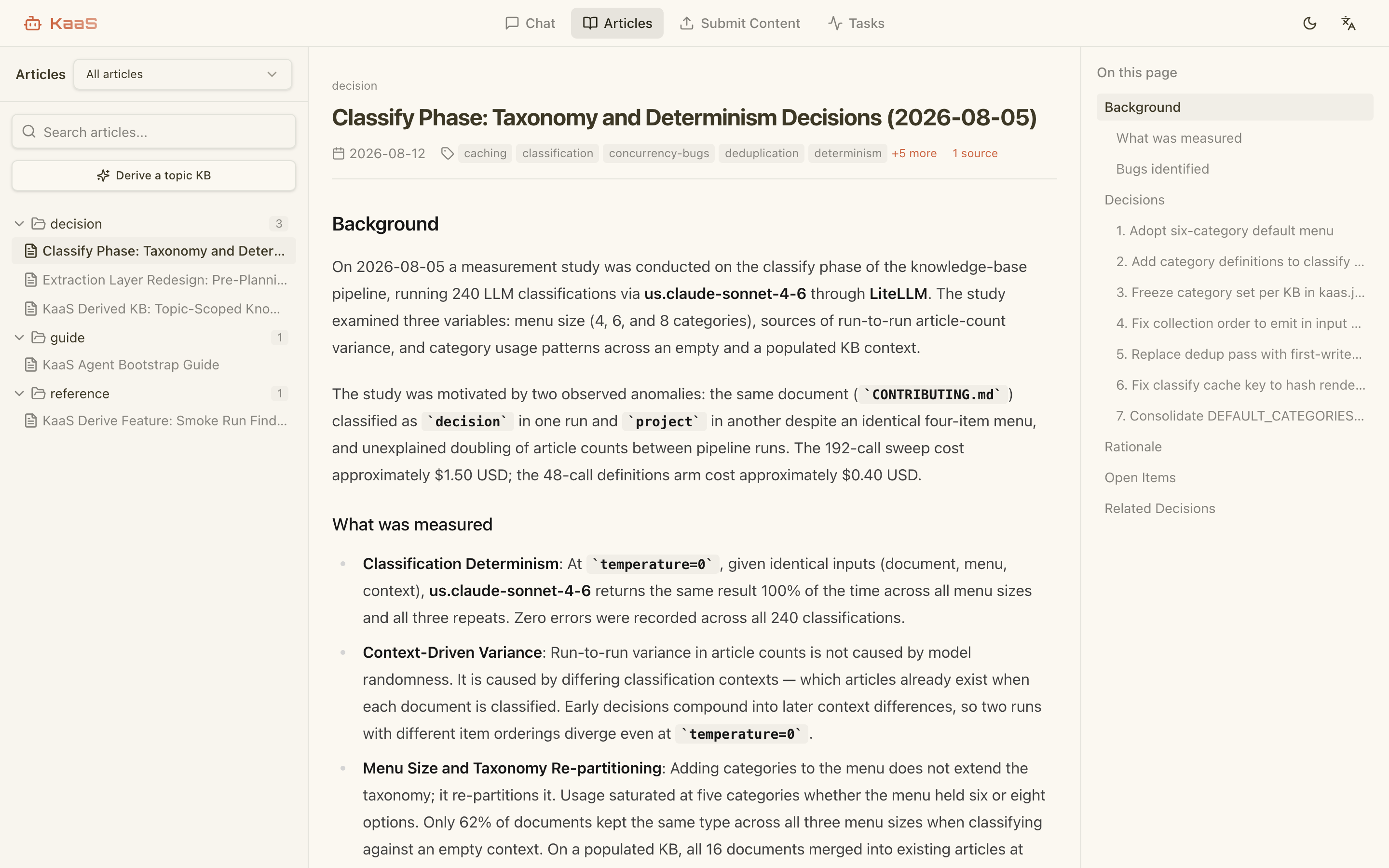 The compiled wiki: an article tree on the left, a rendered Markdown article on the right