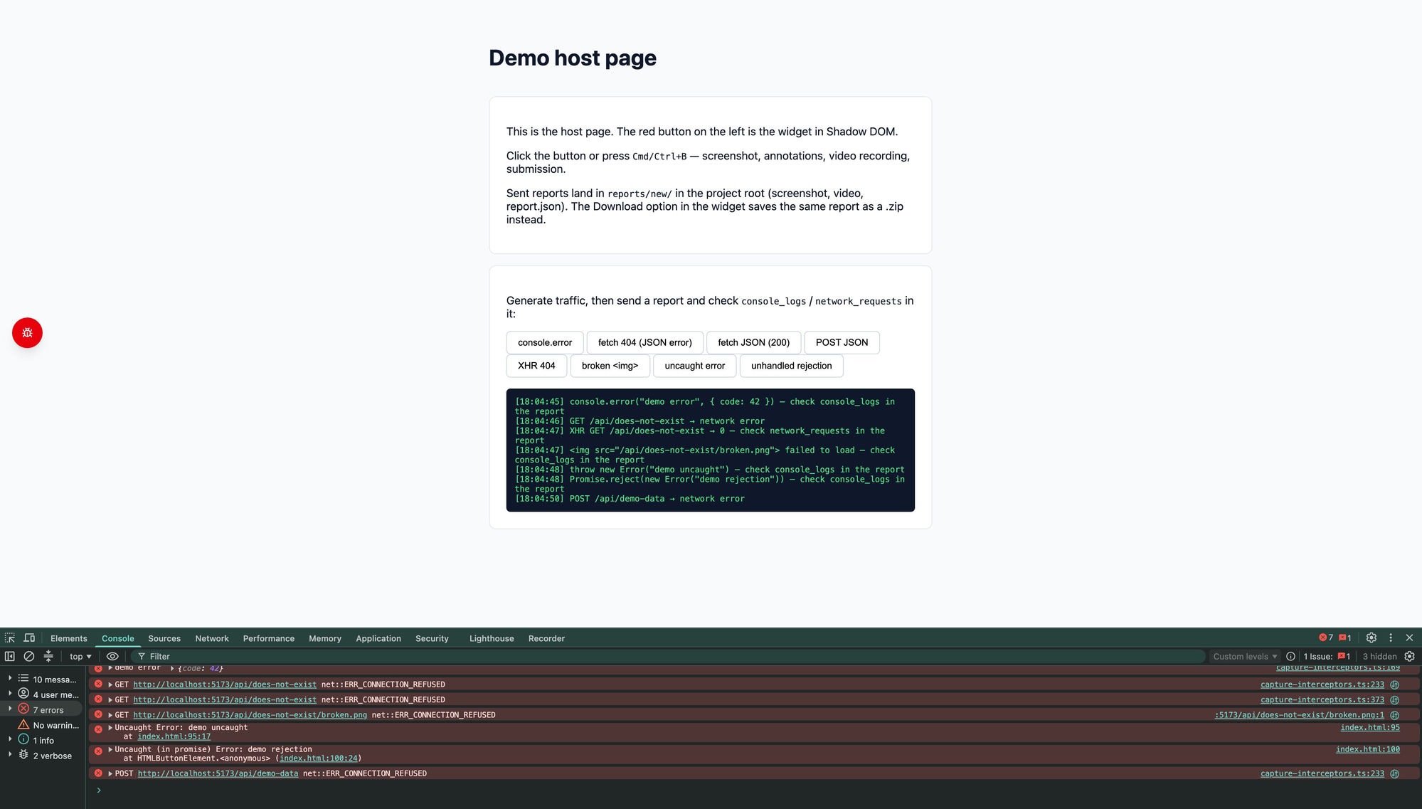 Floating bug report button on a host page