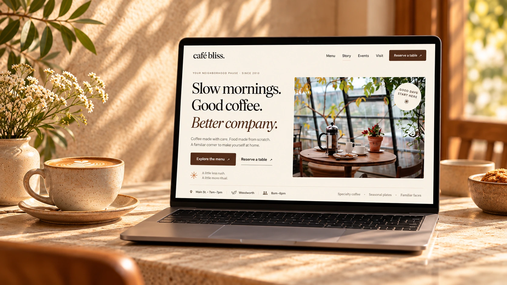 Café Bliss website displayed on a laptop in a sunlit café