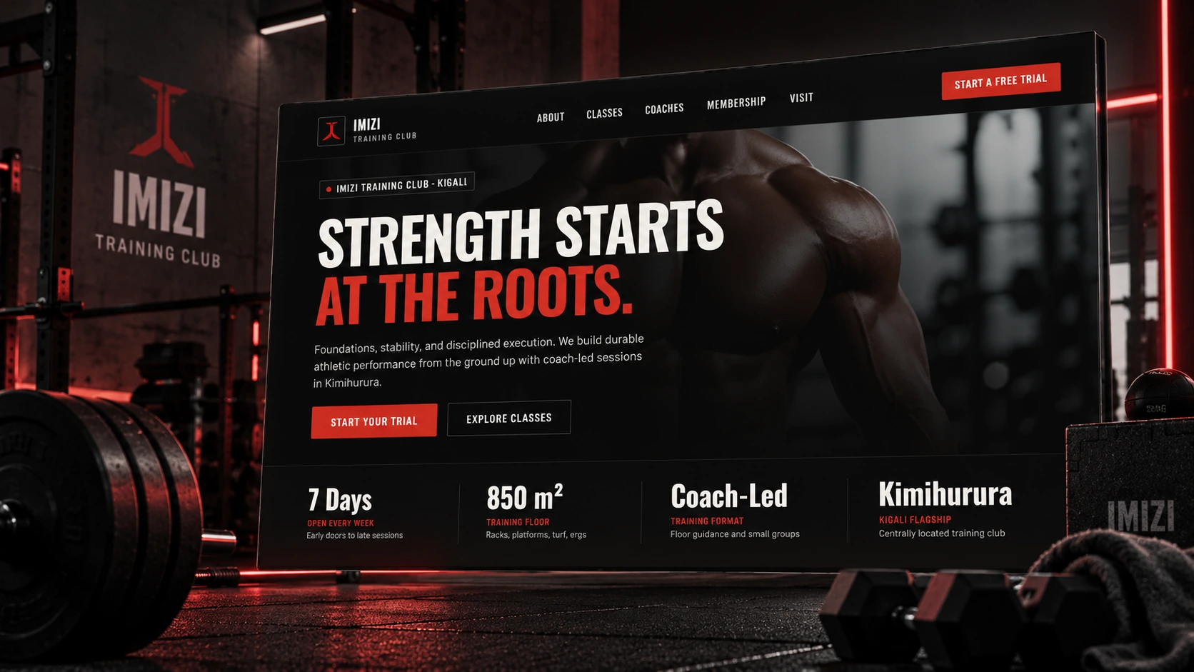 Imizi Training Club website displayed on a monitor in a gym
