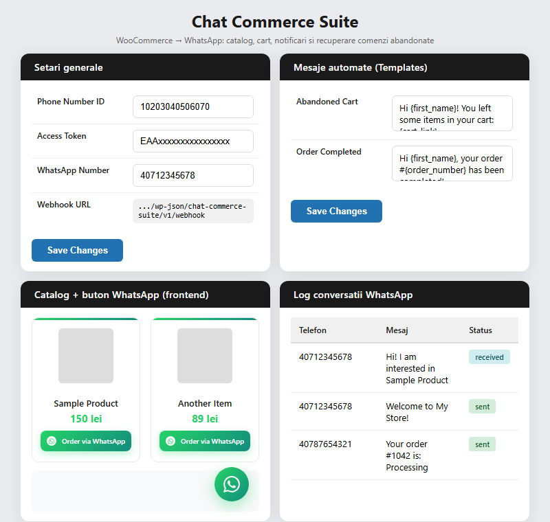 Chat Commerce Suite - admin and storefront preview