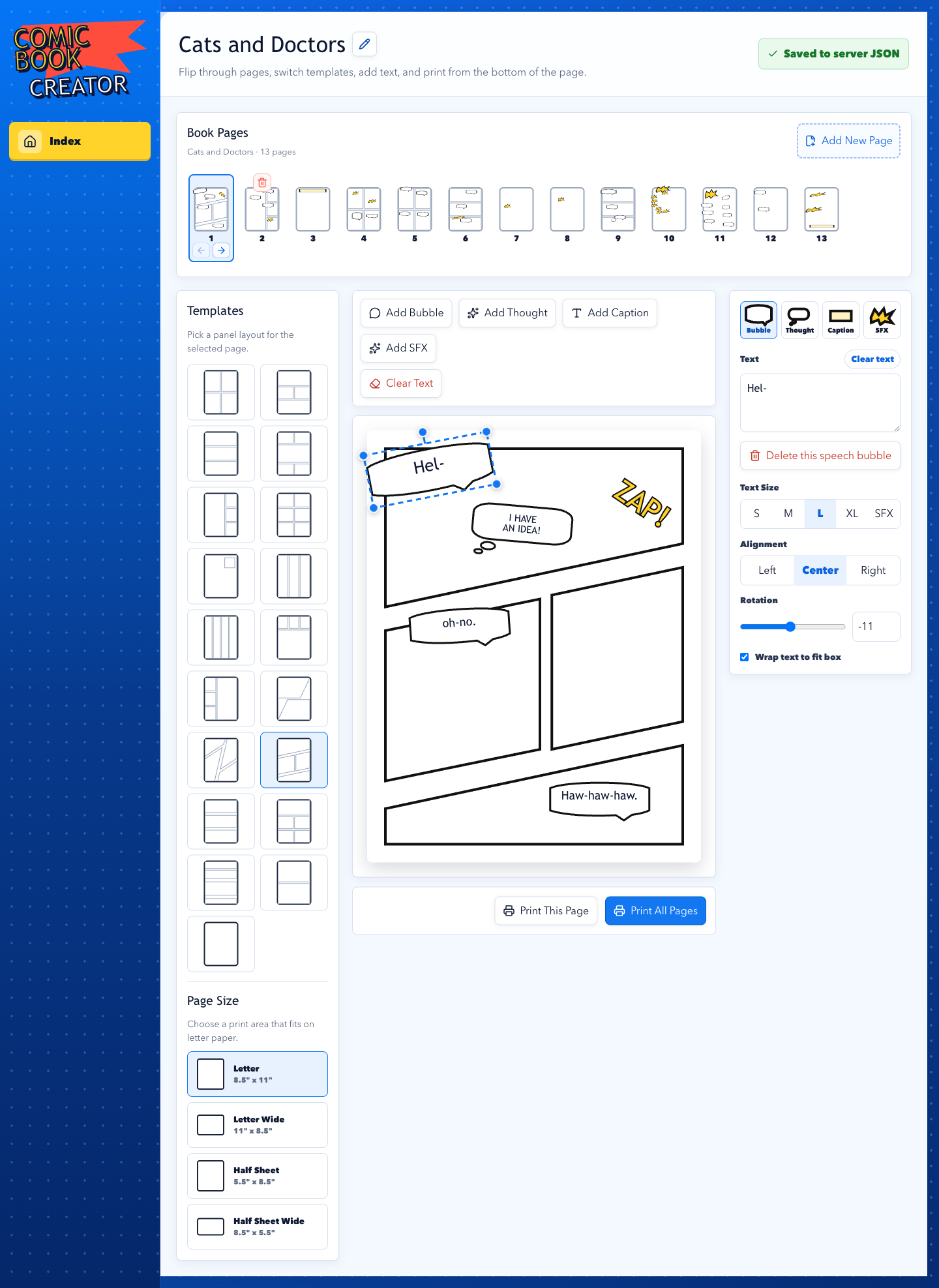Comic Book Creator editor with page templates and comic text controls
