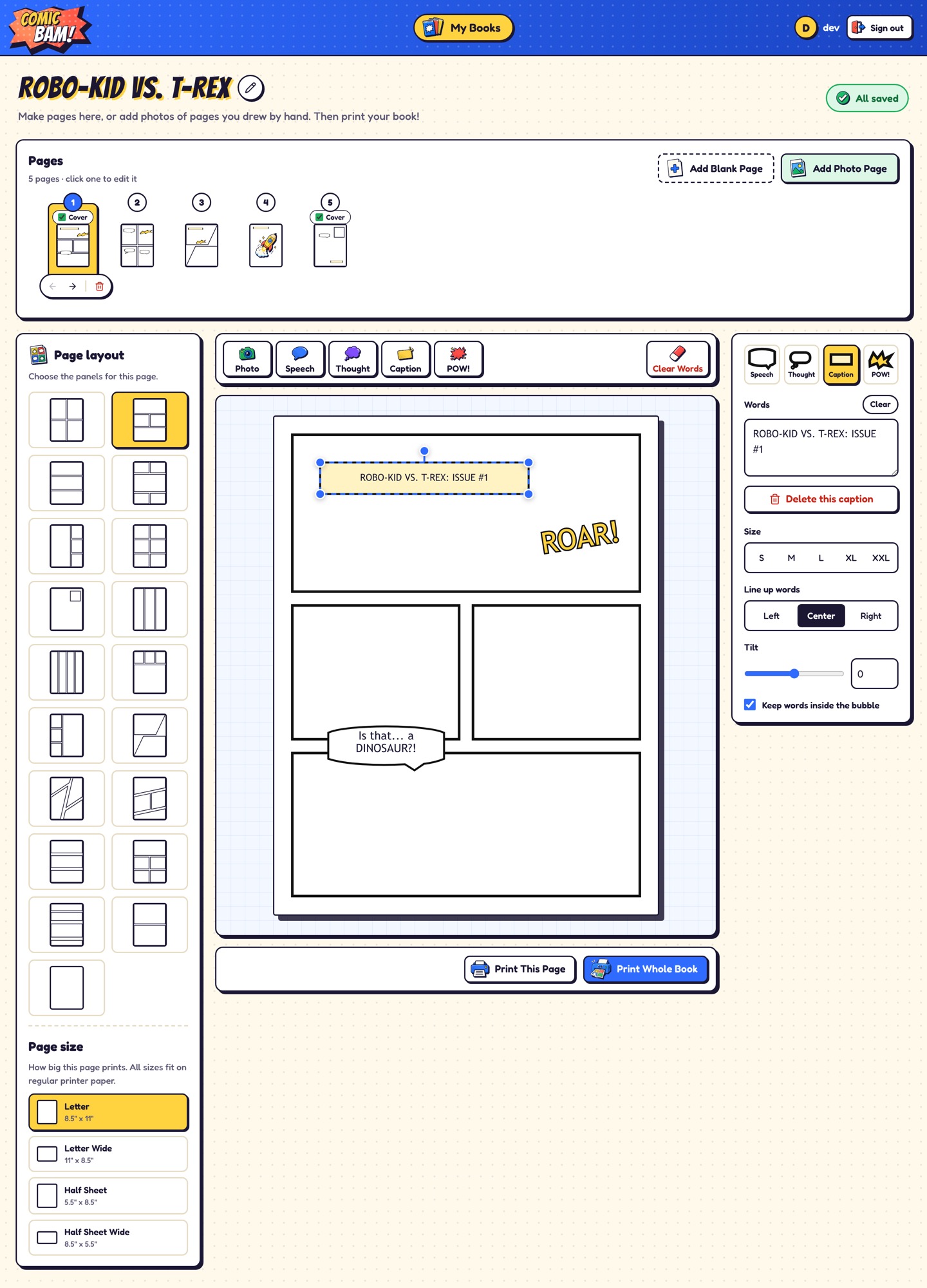 ComicBam editor with the page rail, layout picker, sticker toolbar, and word controls