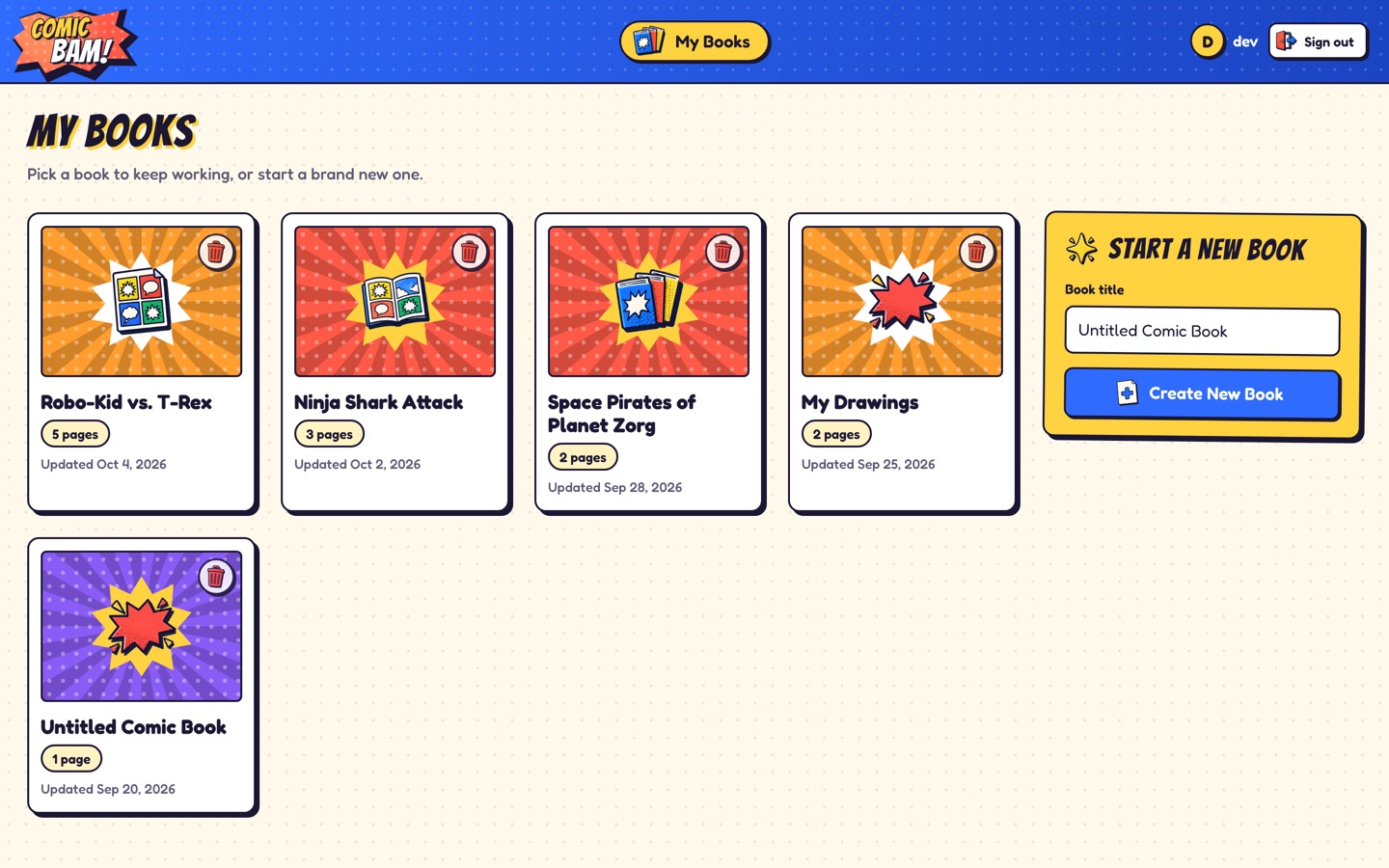 ComicBam library with comic-burst book covers and a Start a New Book card
