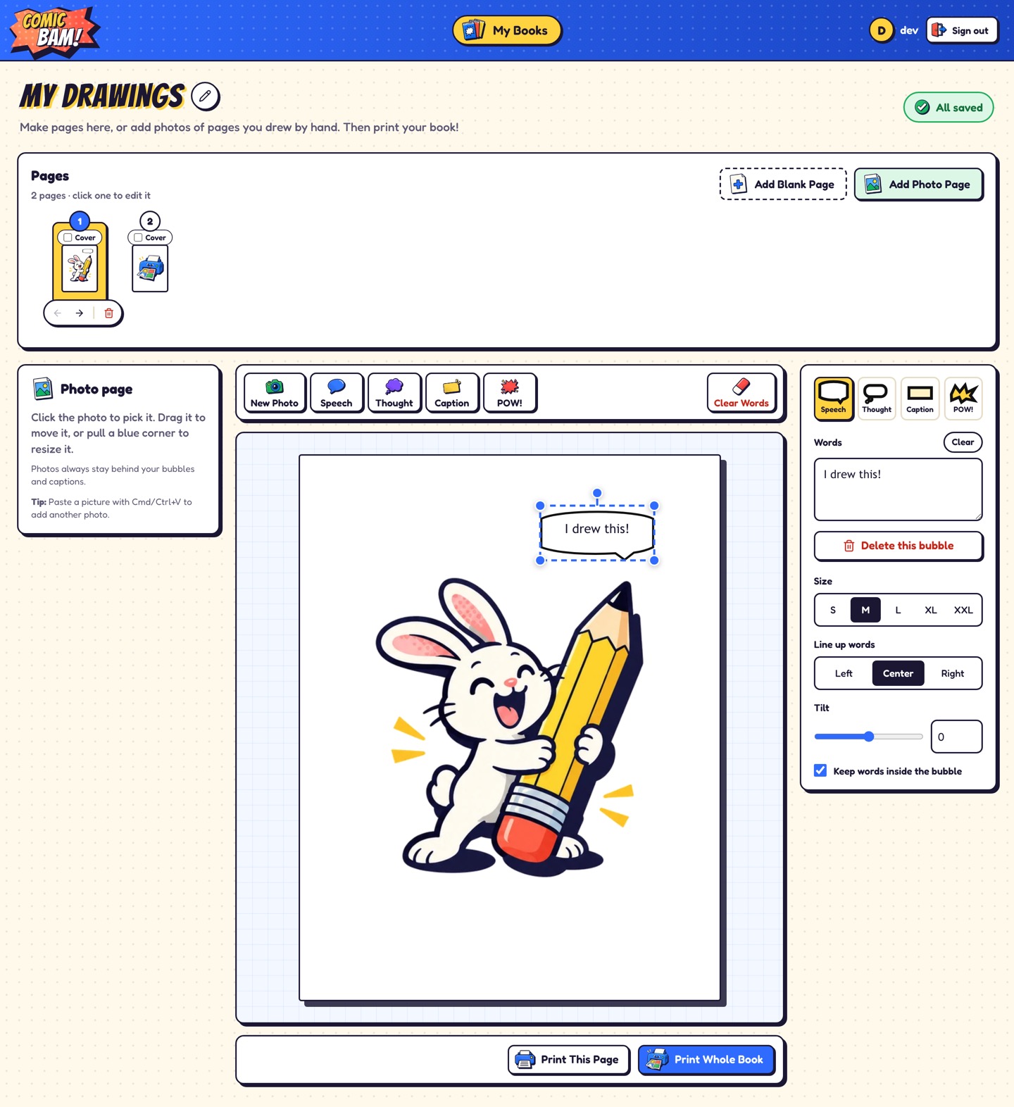 ComicBam photo page with a drawing as a movable photo layer and a speech bubble on top