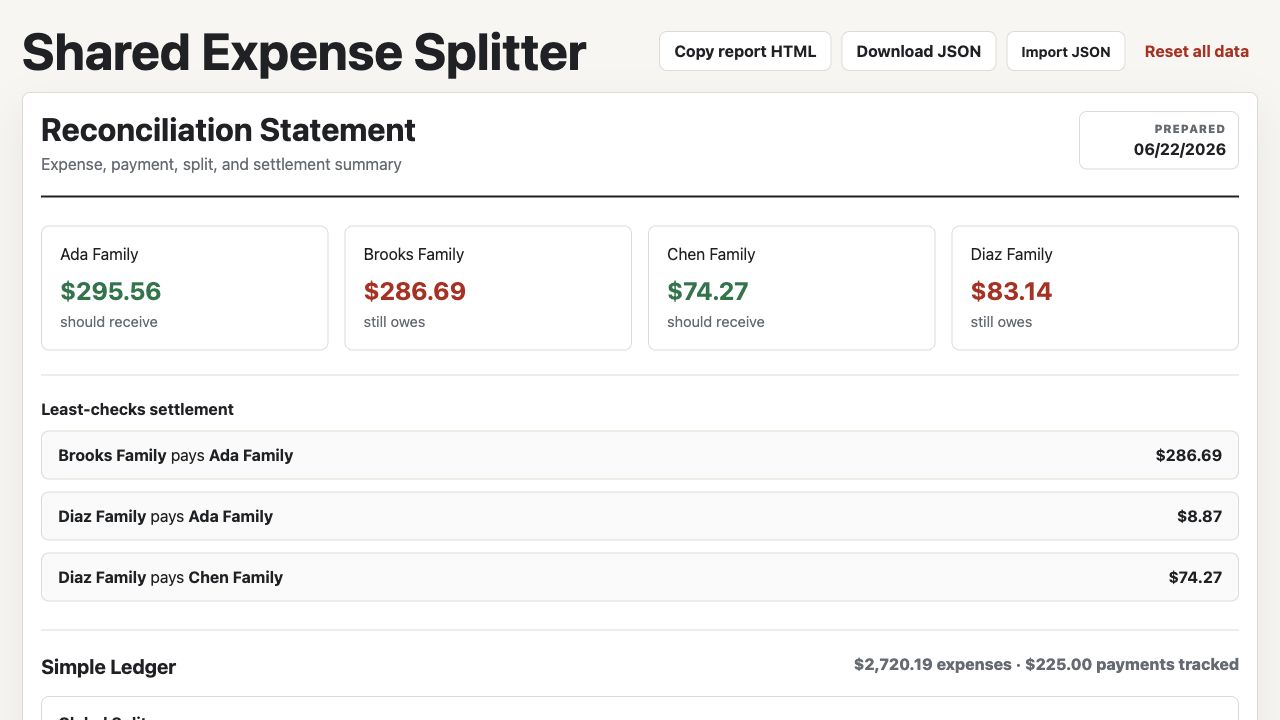 Shared Expense Splitter showing family balances and least-checks settlement