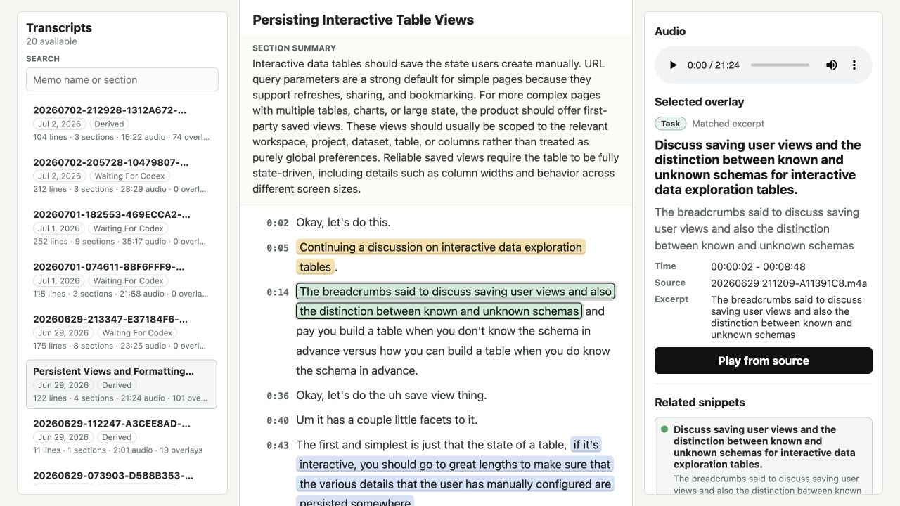 The Video to Context review UI showing a voice memo library, sectioned transcript, and selected evidence detail