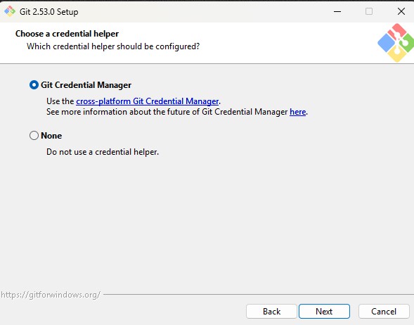 Git installation setup screen showing credential helper configuration with Git Credential Manager selected