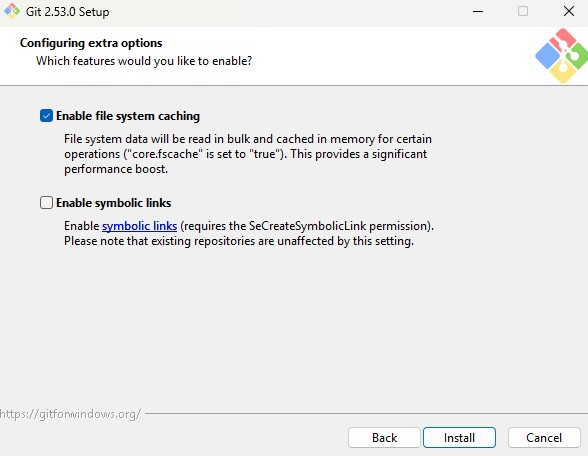 Git installation setup screen showing extra configuration options including enable file system caching and enable symbolic links