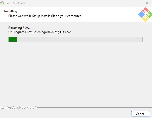 Git installation progress window showing files being extracted during Git setup