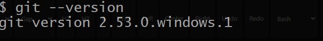 Git Bash terminal showing the command git --version and the installed Git version output