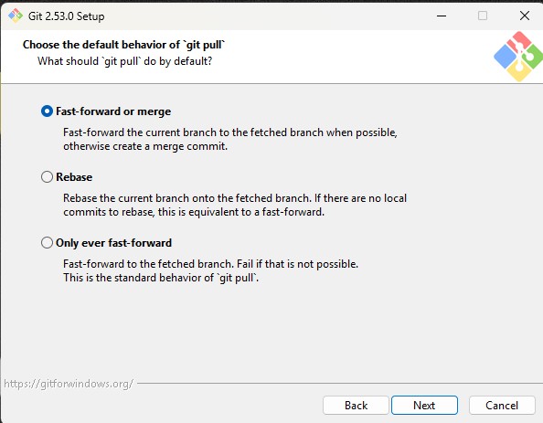 Git installation setup screen showing default behavior of git pull with Fast-forward or merge option selected